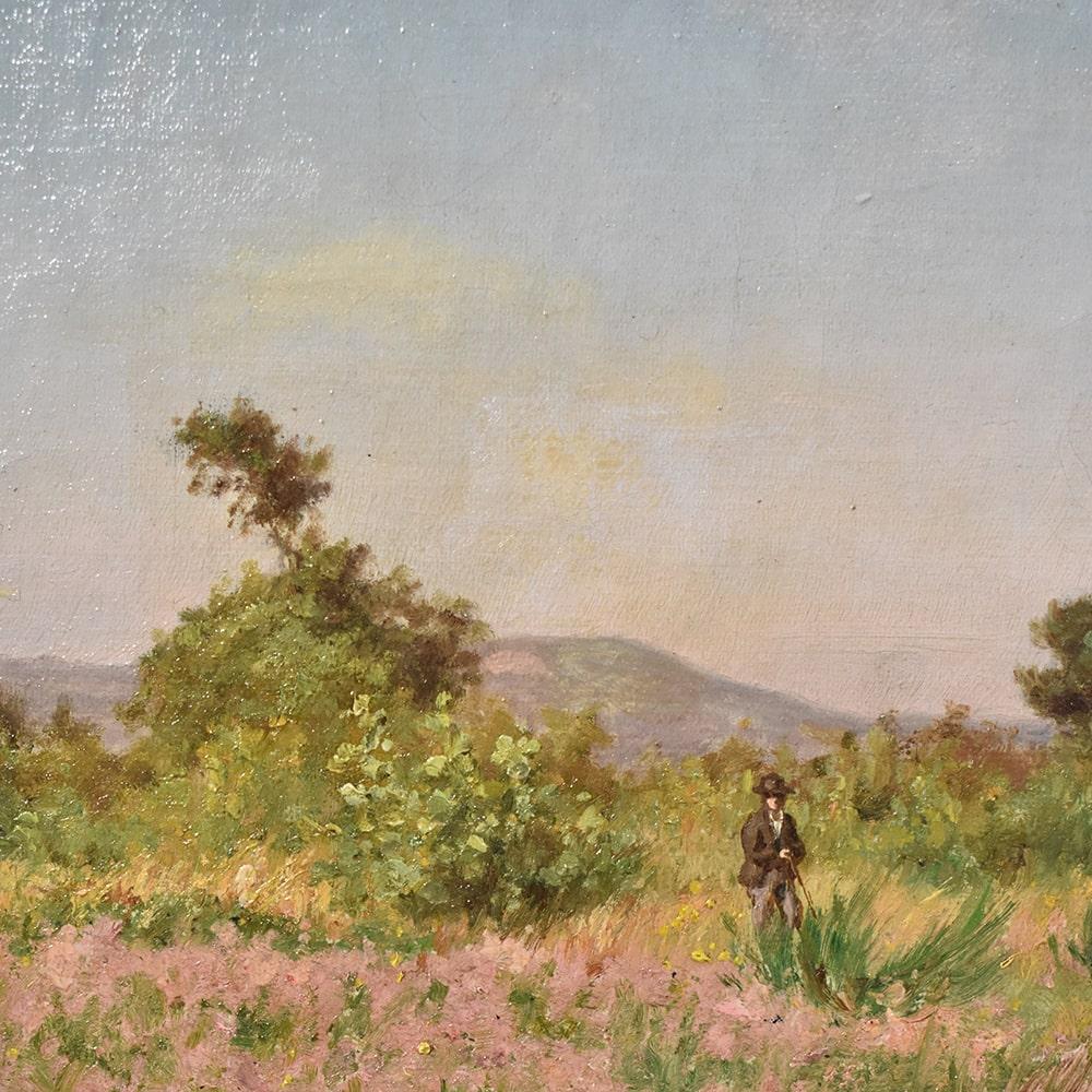 French Antique Oil Landscape Painting, with Sheep and Shepherd, XIX Century