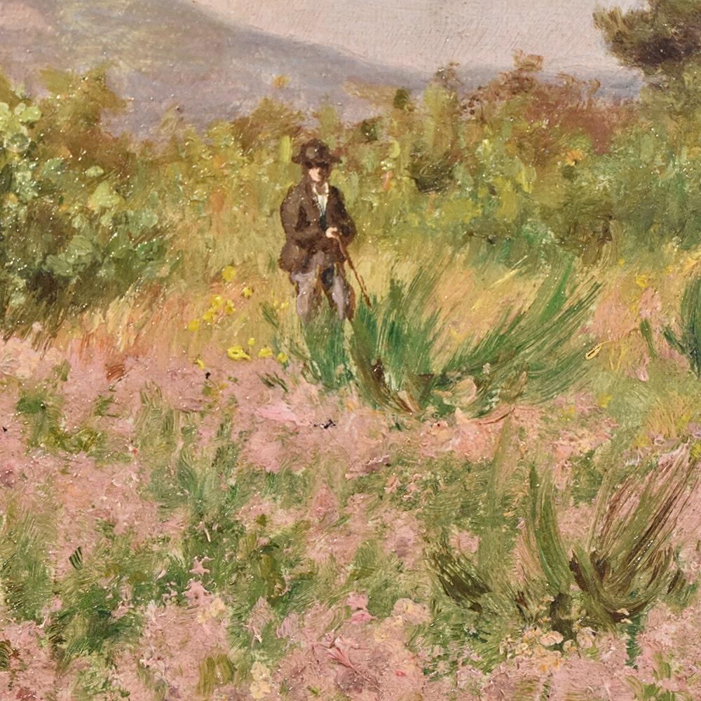 Painted Antique Oil Landscape Painting, with Sheep and Shepherd, XIX Century