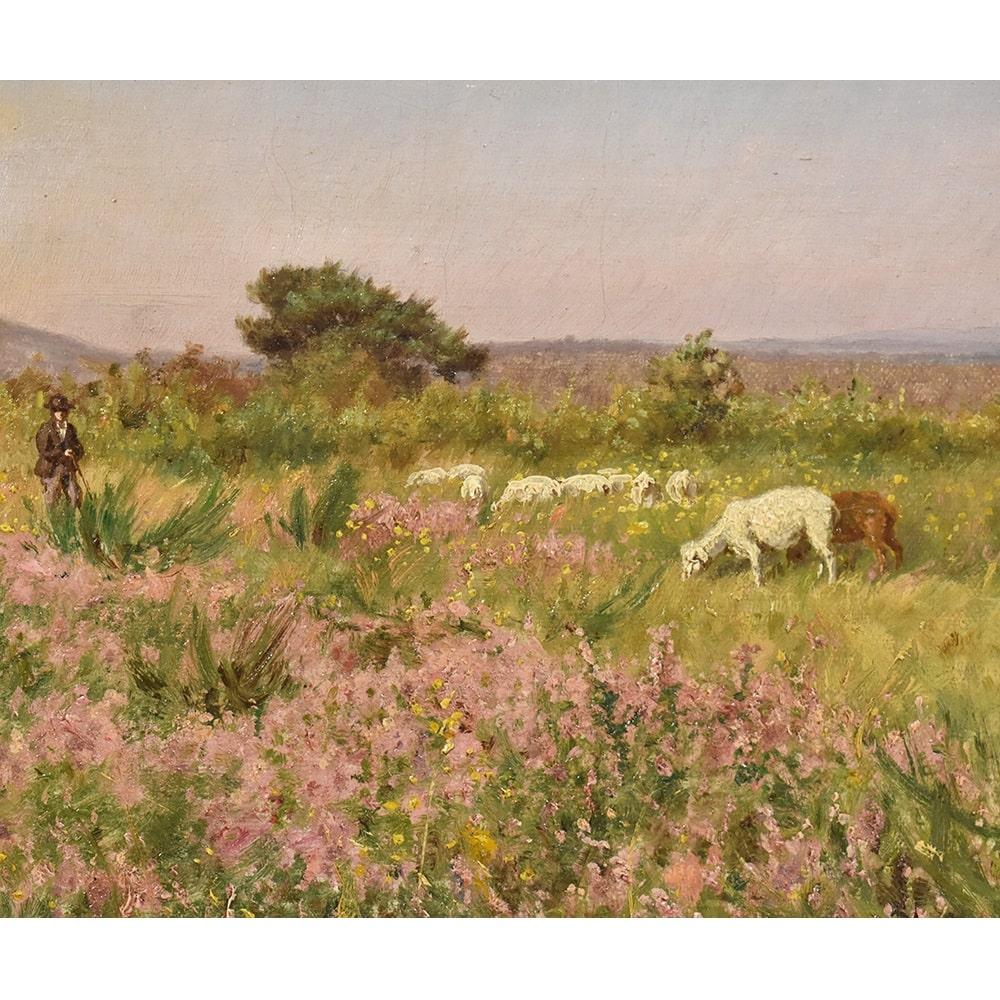 Antique Oil Landscape Painting, with Sheep and Shepherd, XIX Century In Good Condition In Breganze, VI