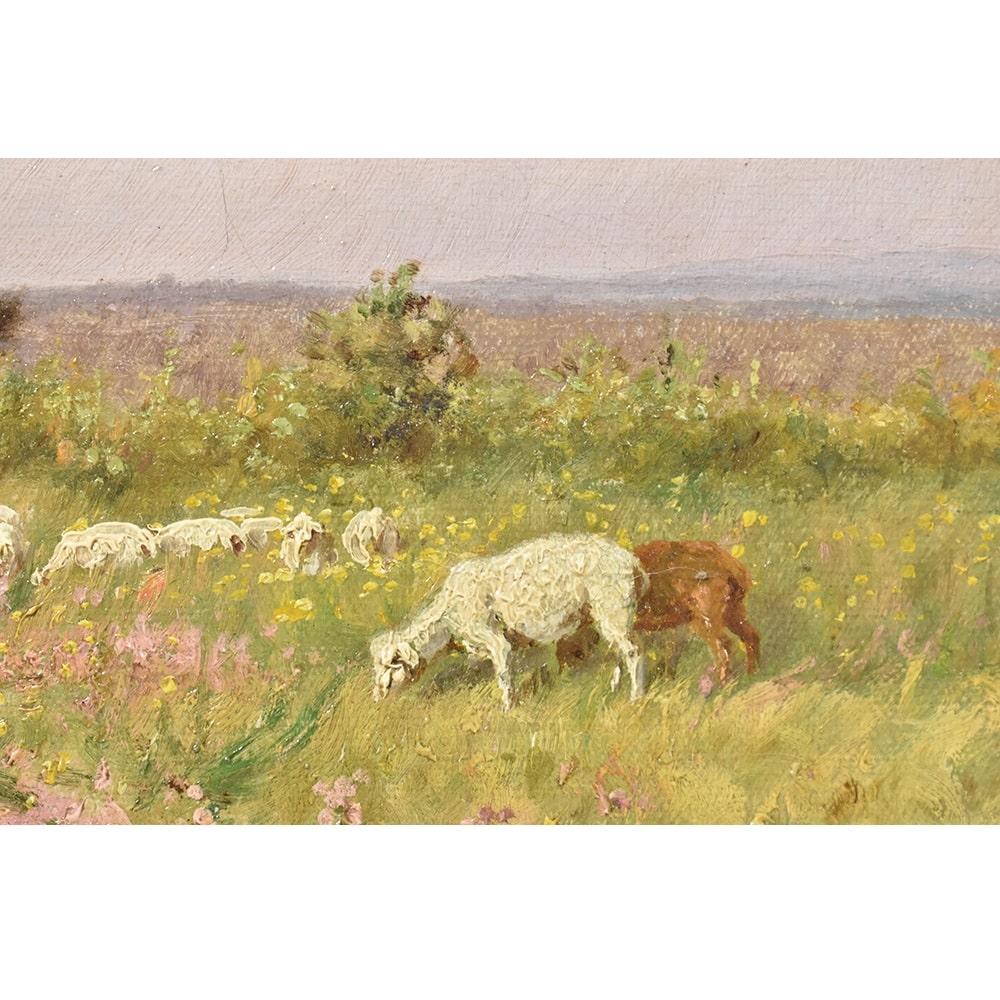 19th Century Antique Oil Landscape Painting, with Sheep and Shepherd, XIX Century