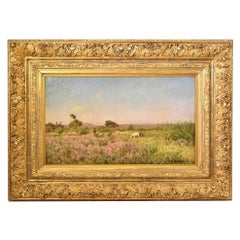 Antique Oil Landscape Painting, with Sheep and Shepherd, XIX Century