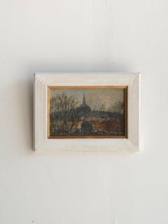 Antique Oil Landscape with Church in White and Gold Frame