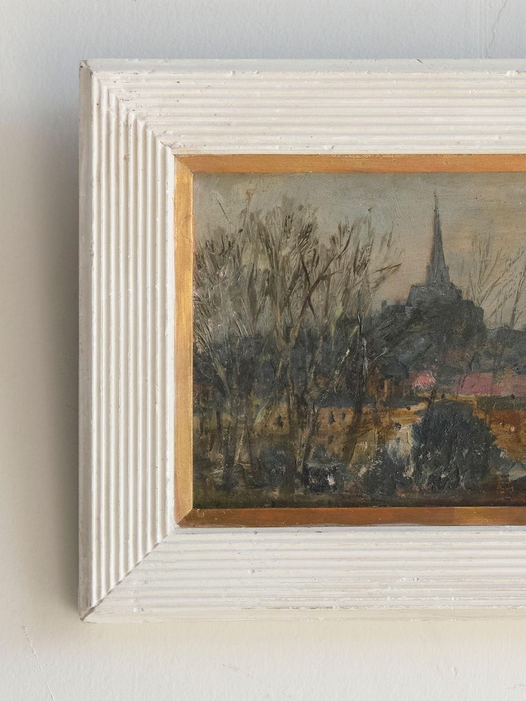 Victorian Antique Oil Landscape with Church in White and Gold Frame For Sale