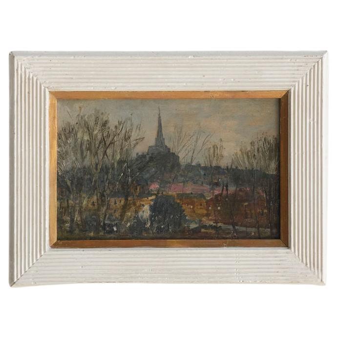 Antique Oil Landscape with Church in White and Gold Frame For Sale