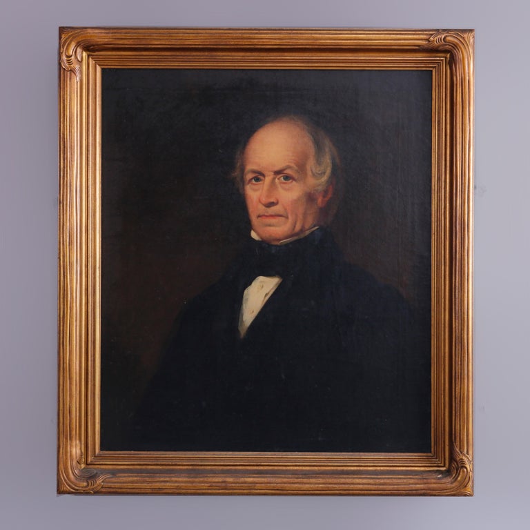An antique painting offers oil on canvas portrait of a gentleman, seated in giltwood frame, carved frame with Art Nouveau elements, c1910

Measures - 34.5'' H x 30.25'' W x 2.75'' D; sight 24.5'' x 29''.