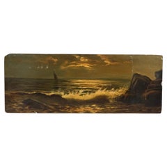 Antique Oil on Academy Board Painting of Moonlit Seascape 
Boat at Dusk C1890