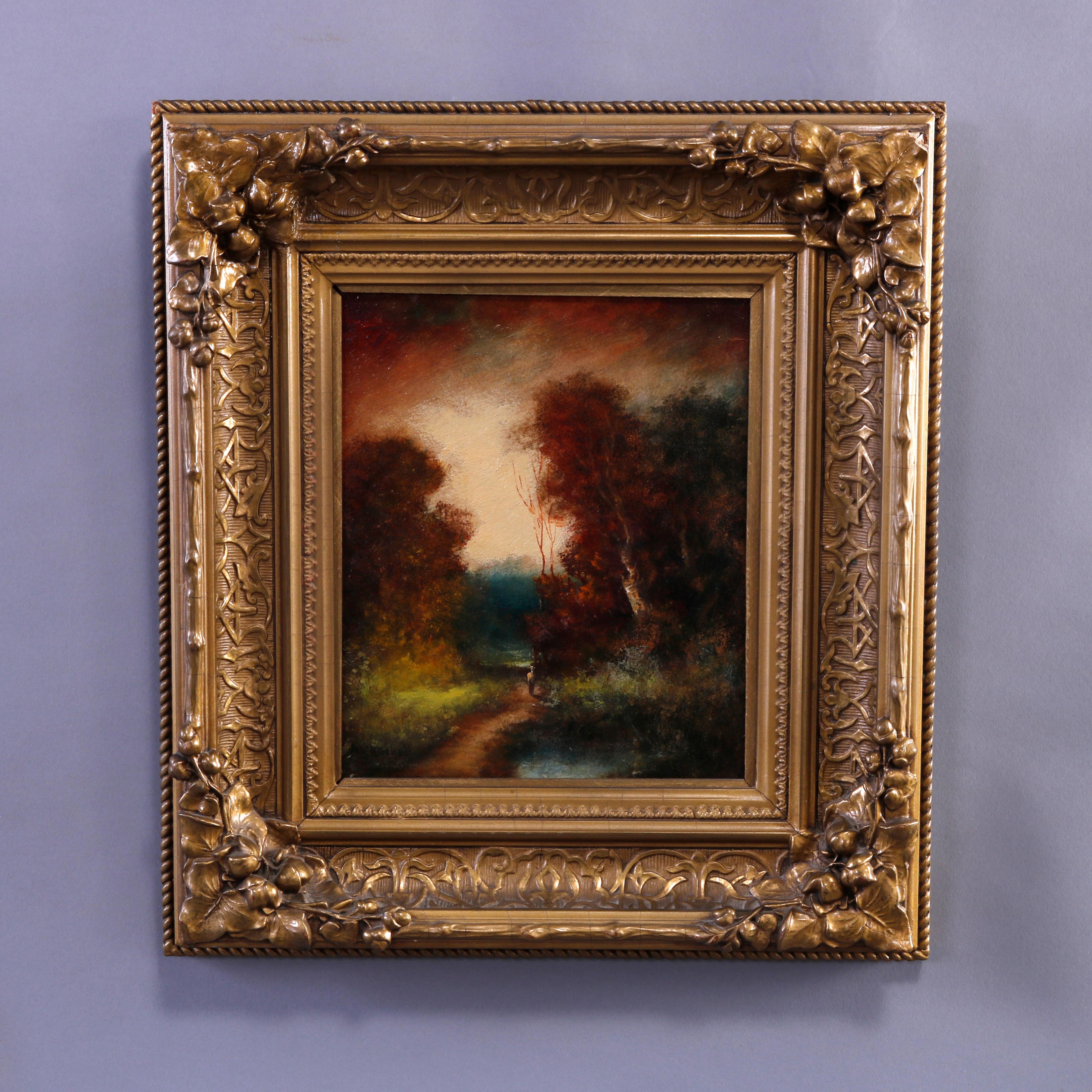 An antique painting by H.M. Kircher offers oil on board landscape scene of fall setting with stream, path and figure, artist signed lower left, seated in giltwood frame, c1890

Measures - 16.25''H x 14.75''W x 2.5''D.
  
