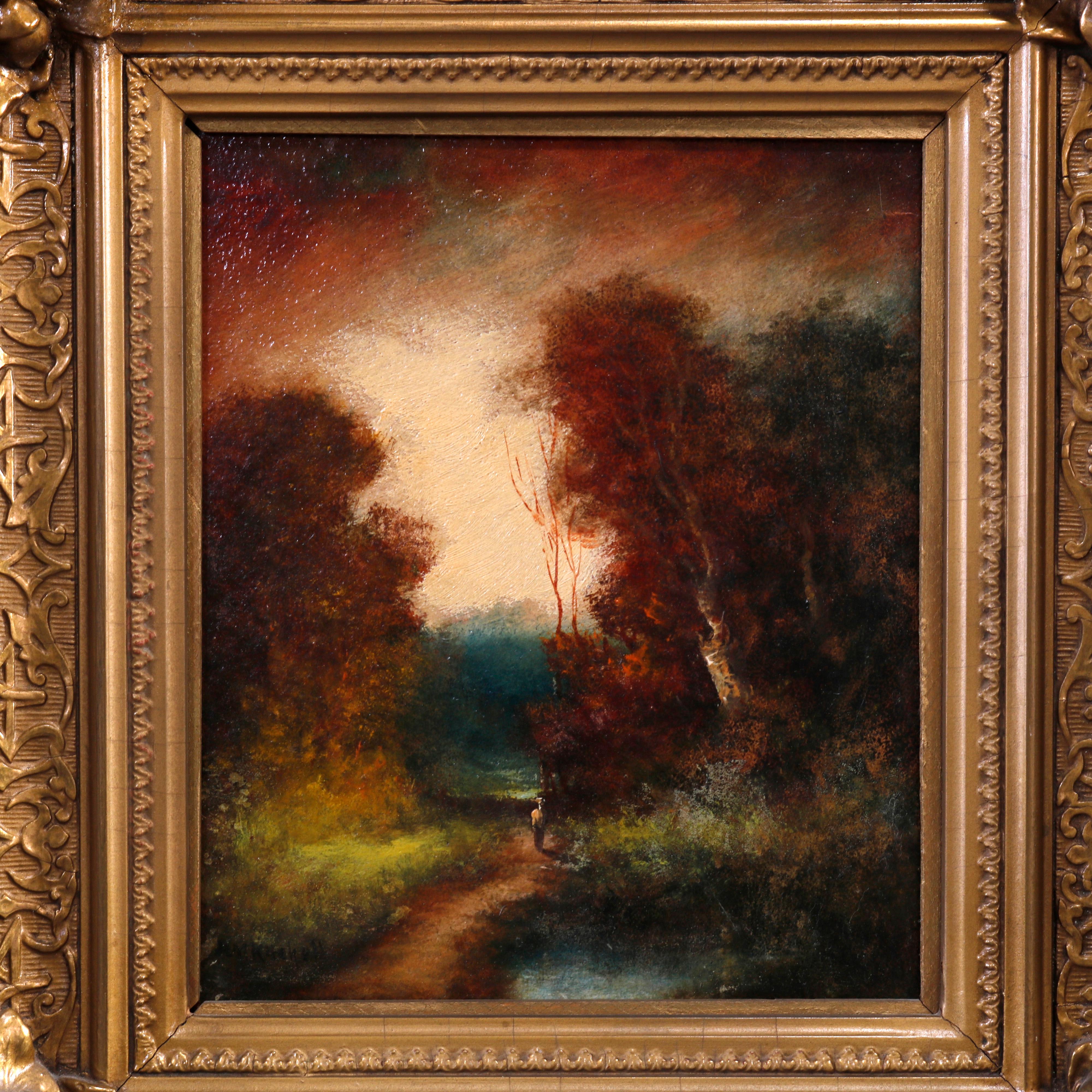 Antique Oil on Board Fall Landscape Painting, Signed H.M. Kircher, c1890 In Good Condition In Big Flats, NY