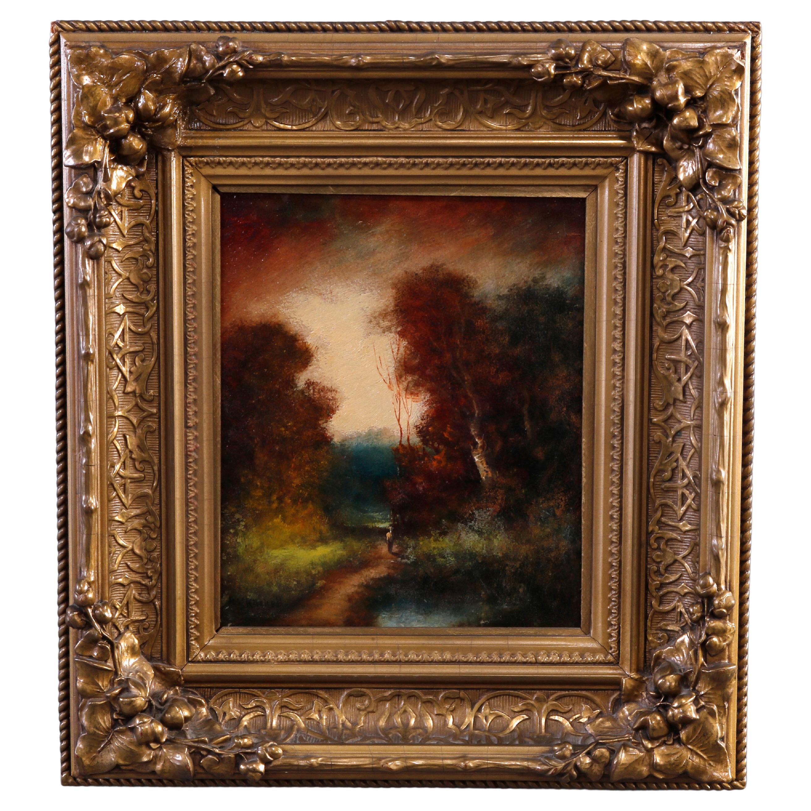 Antique Oil on Board Fall Landscape Painting, Signed H.M. Kircher, c1890 at  1stDibs