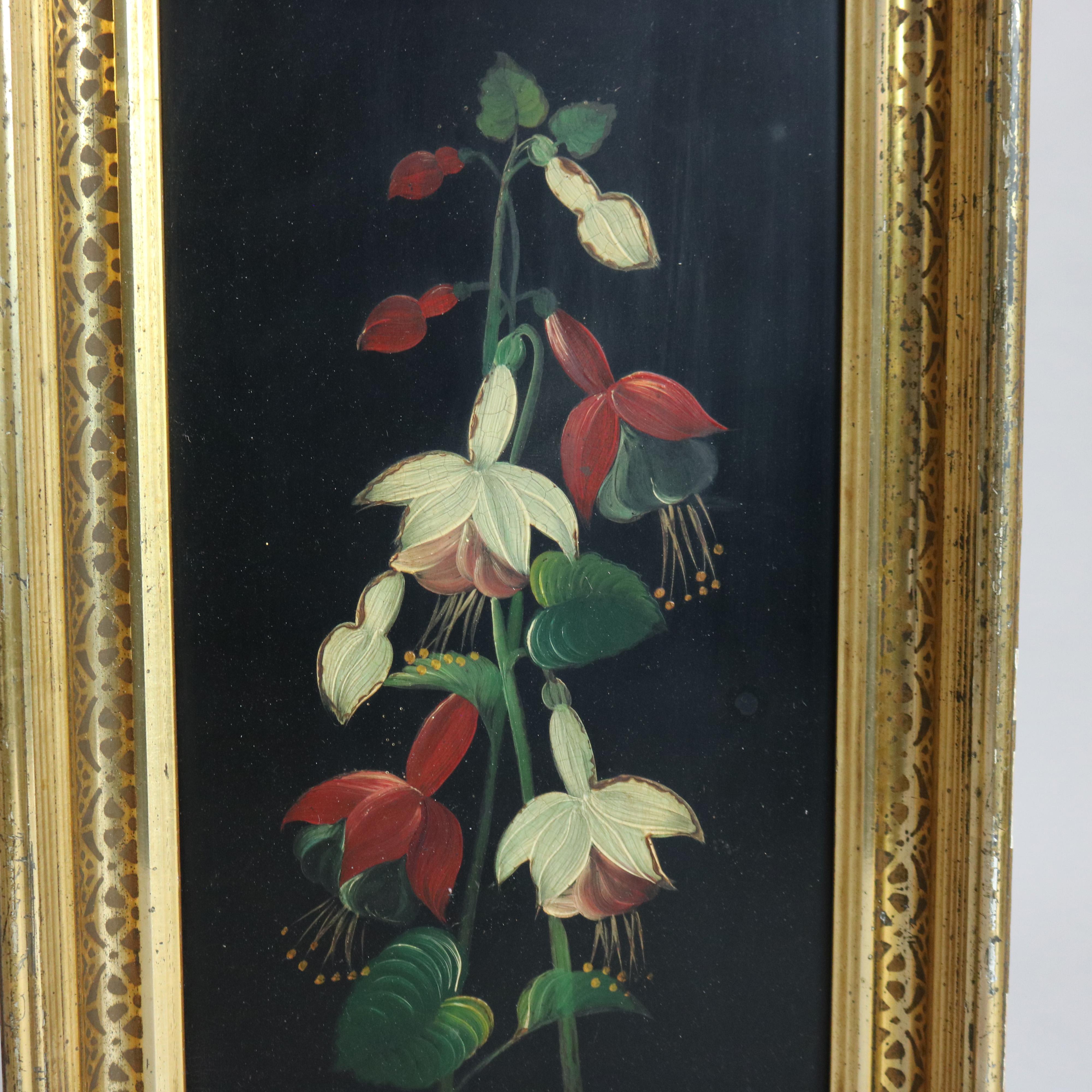 Wood Antique Oil on Board Floral Still Life Painting, Framed, C1870