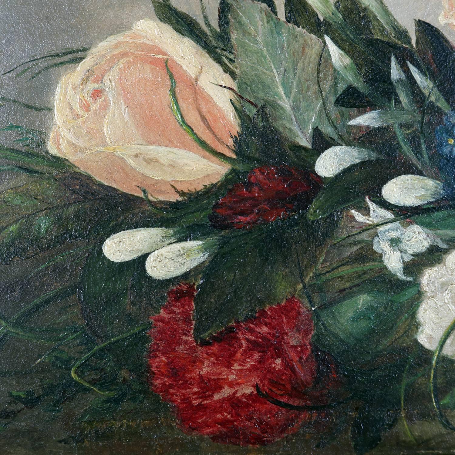 Antique oil on board floral still life painting of garden flowers in European Hand Tie Bouquet with blue ribbon, seated in reeded cove molded frame with fern corners, signed lower right BR, circa 1830

Measures: frame 11