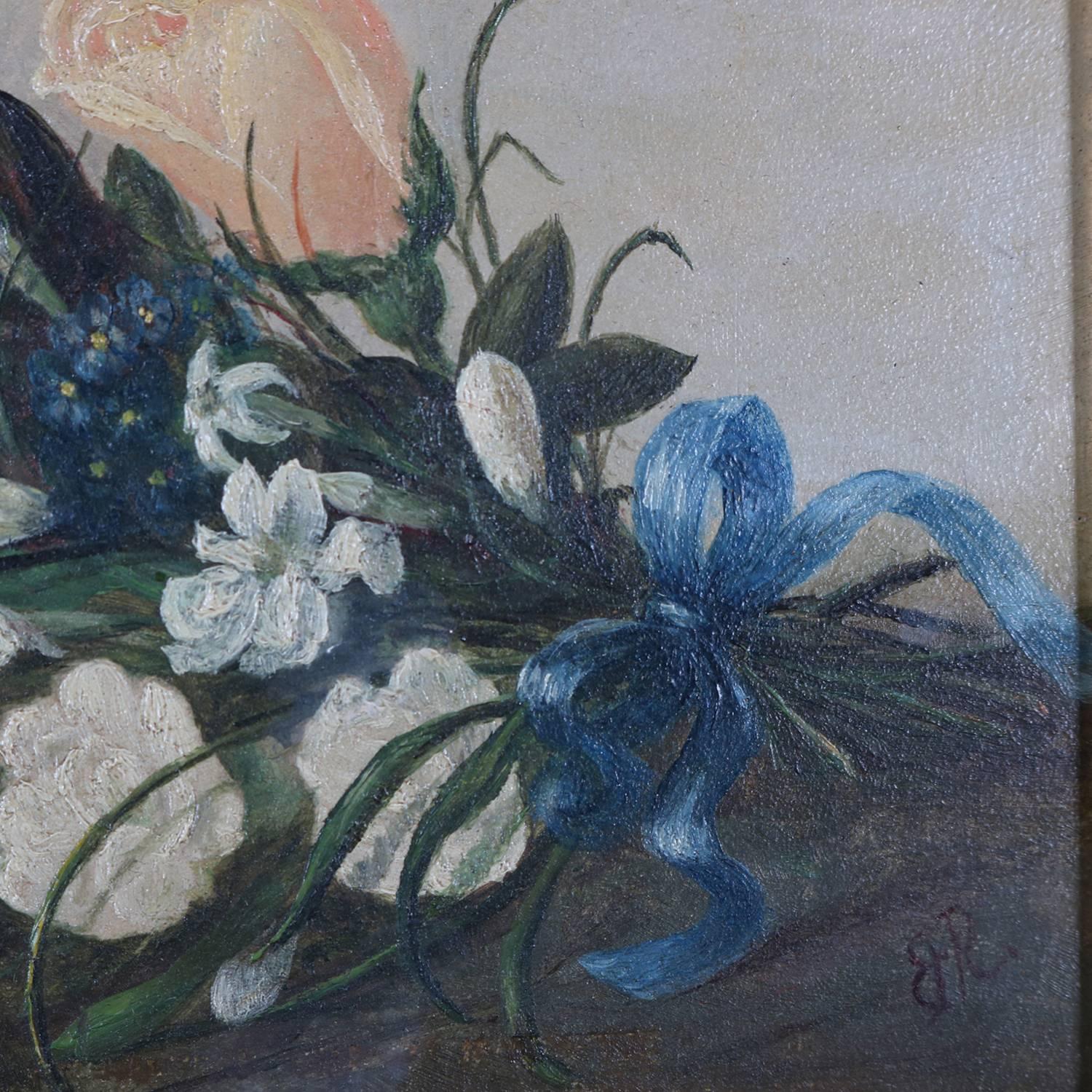 Antique Oil on Board Floral Still Life Signed Gilt Cove Molded Frame, circa 1830 In Good Condition In Big Flats, NY