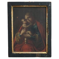Antico dipinto a olio su tavola con icona della Madonna e del Bambino del XVIII sec.