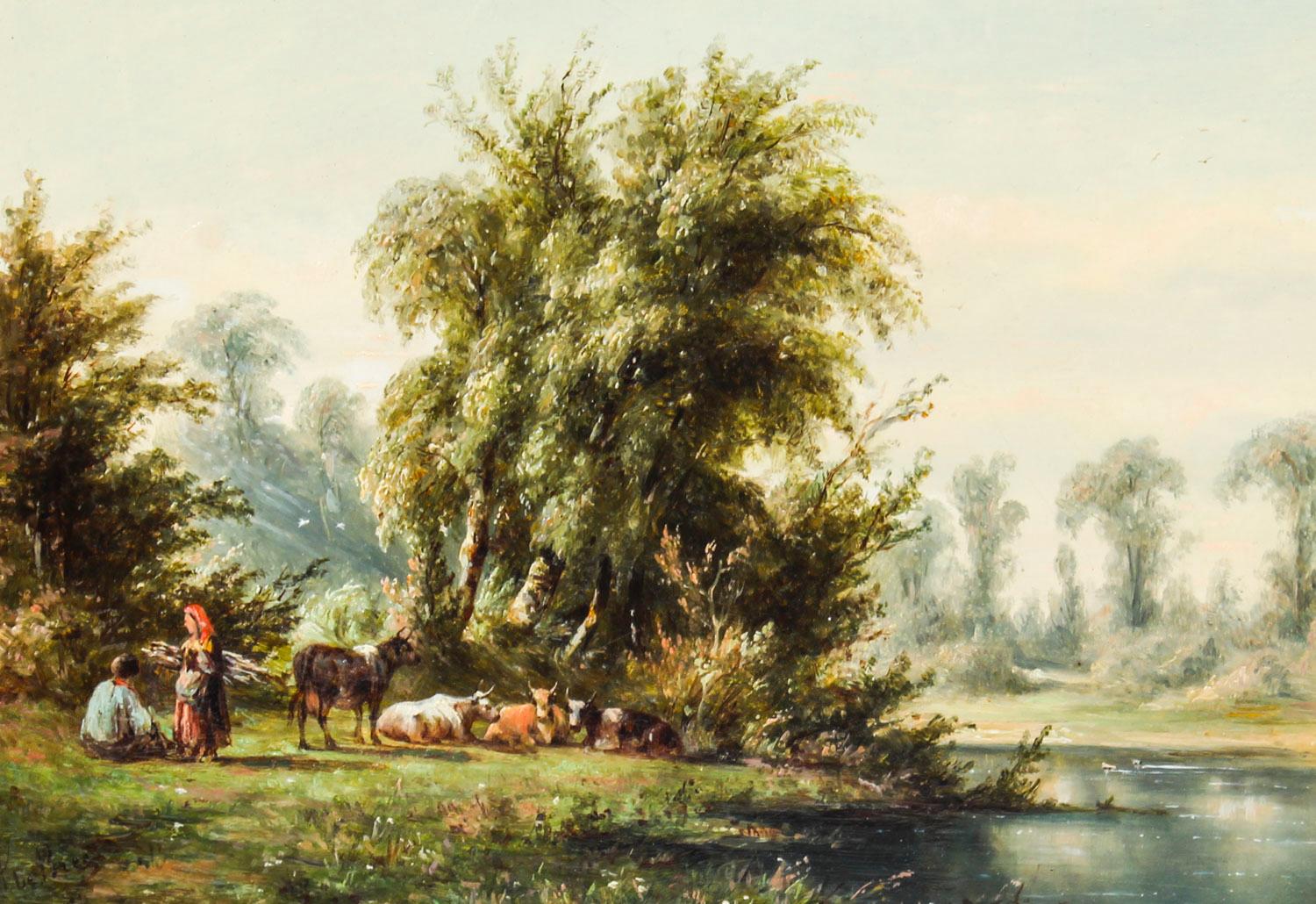 A charming antique Victorian landscape oil painting on board by Anthony De Bree, circa 1880 in date.

The painting features a rural scene with country folk collecting wood and a herd of cows resting in the shade of a large tree on the banks of a