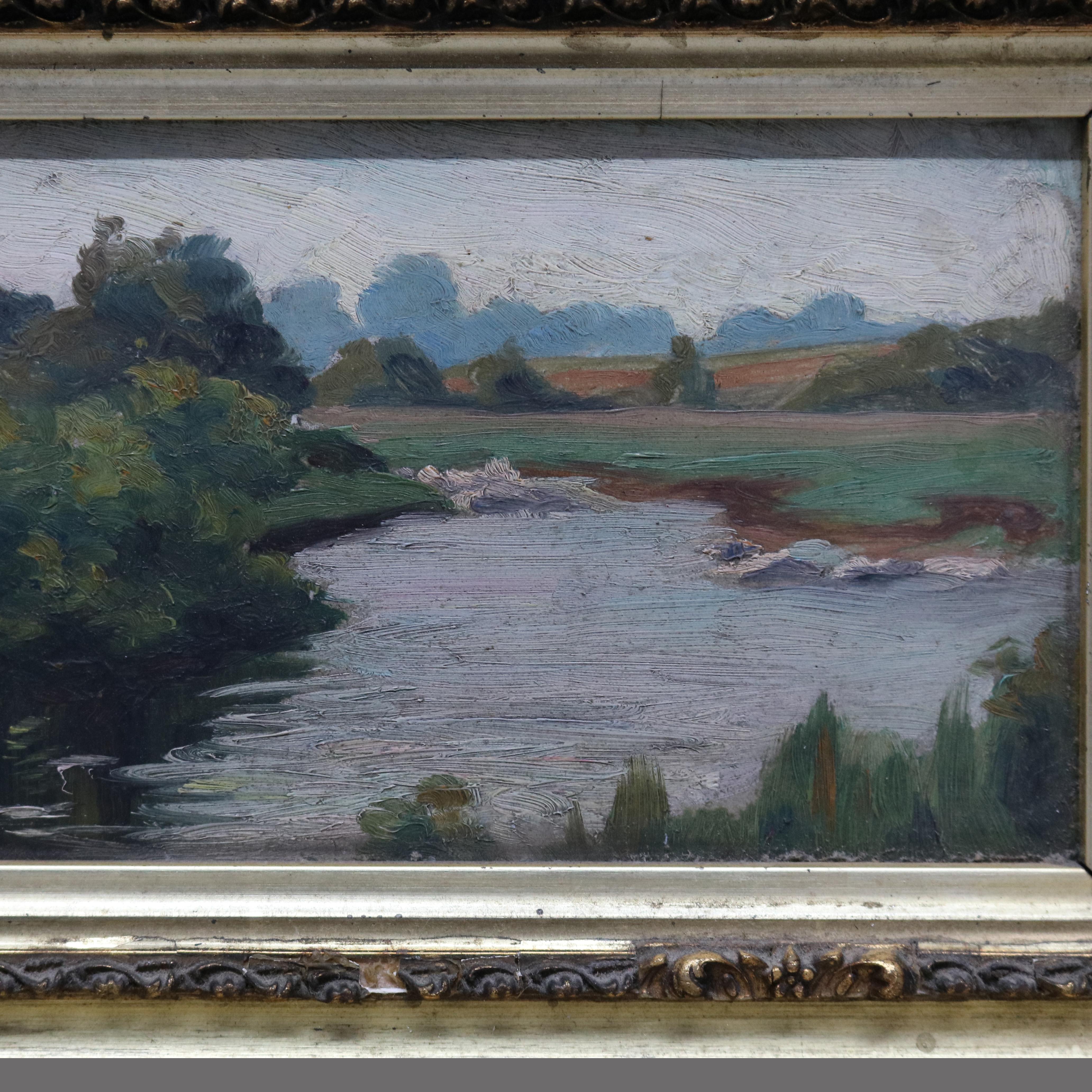 An antique painting offers oil on board landscape scene with stream and meadow, seated in giltwood frame, 19th century.

Measures: 9