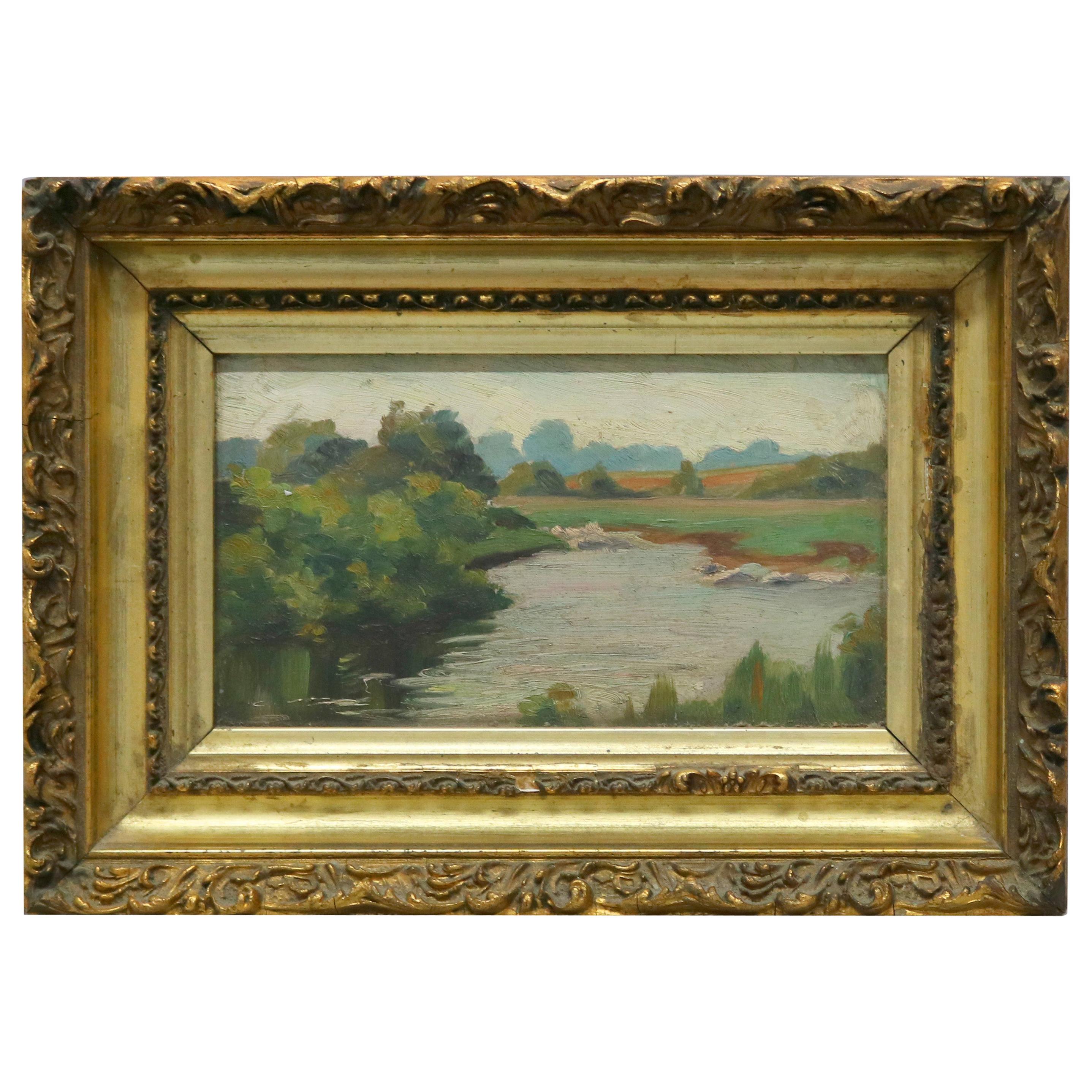 Antique Oil on Board Landscape Painting, Unsigned, 19th Century