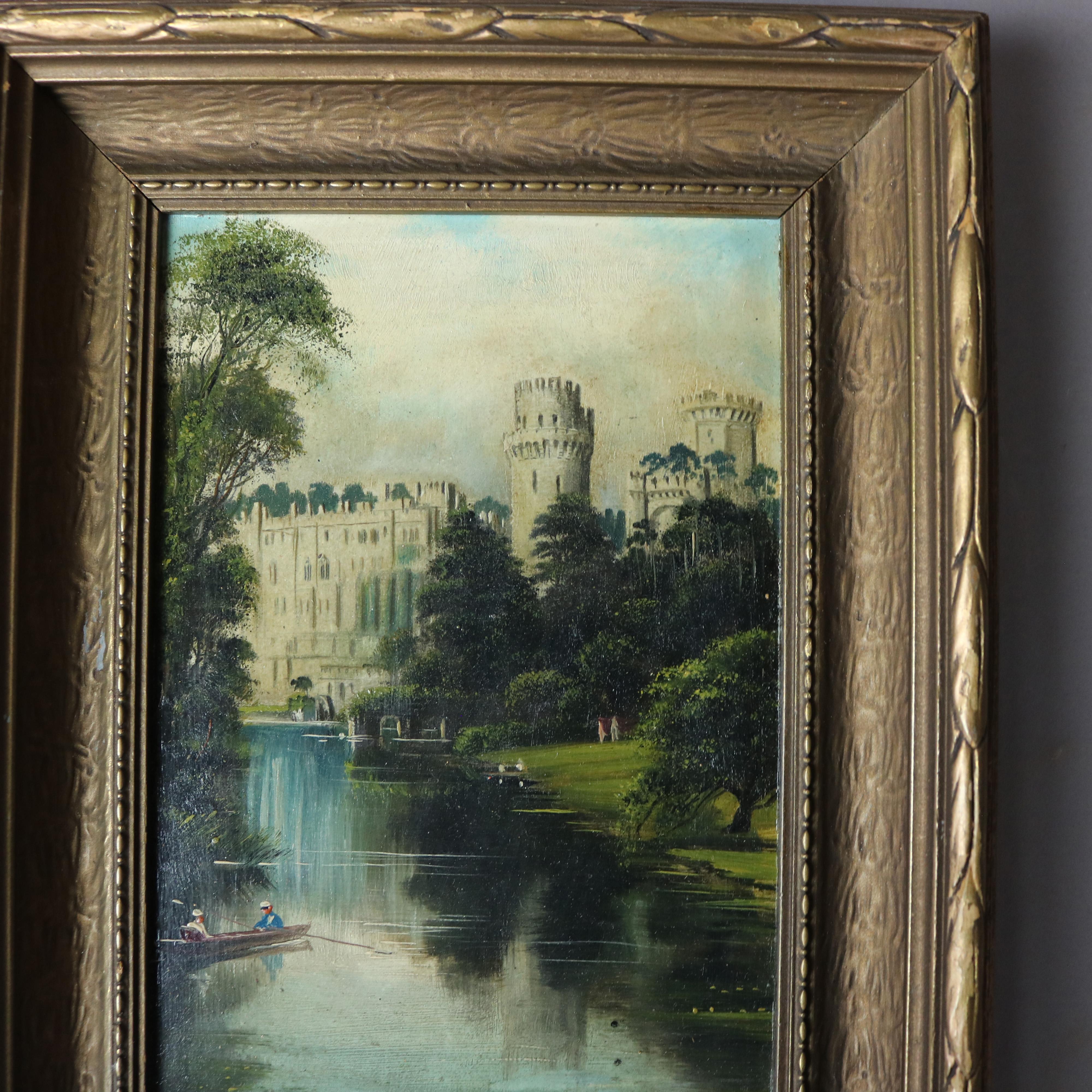 Antico dipinto a olio su tavola con castello di W. Pryce, firmato e incorniciato, 1890 ca.

Misure - 9 3/4