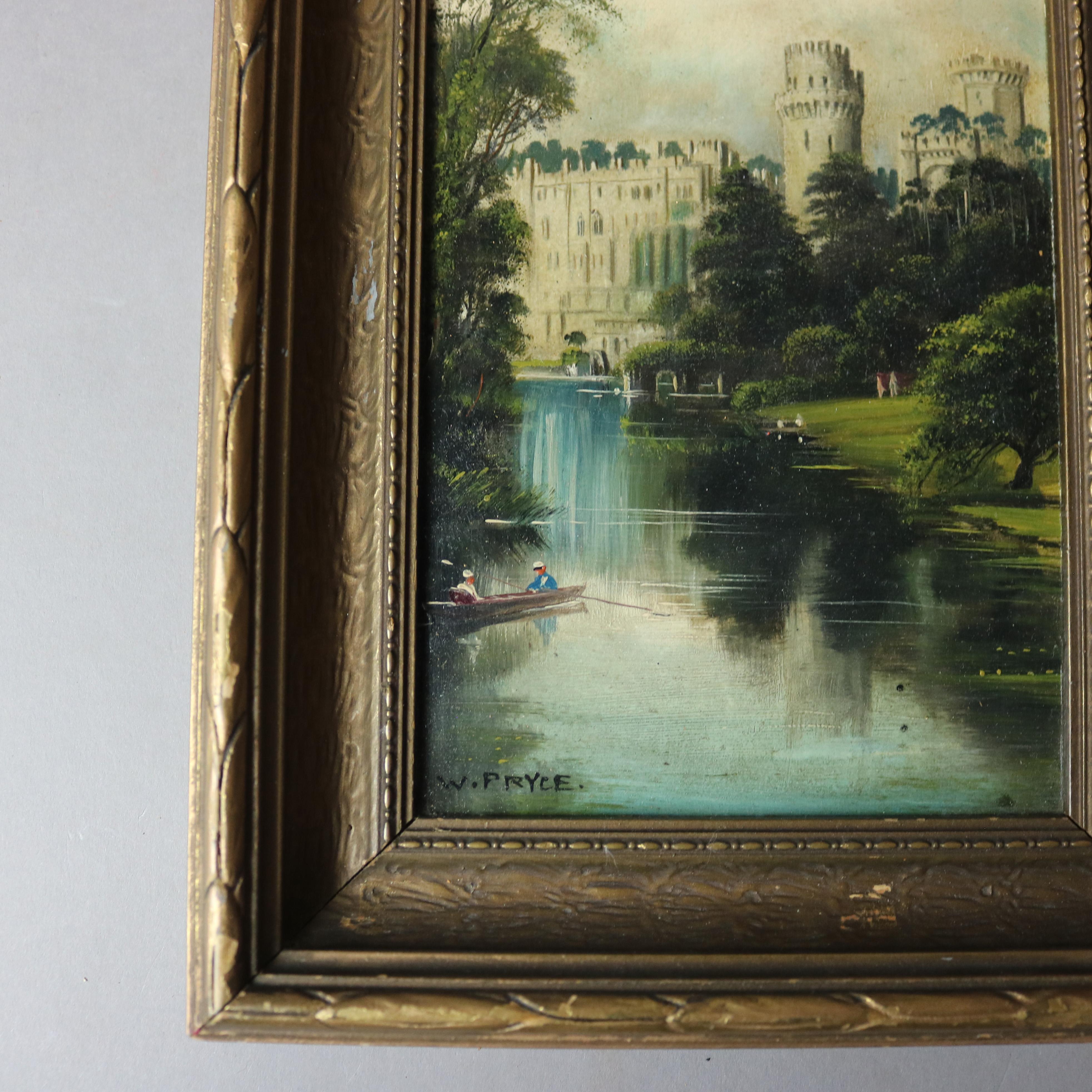 Antico dipinto di paesaggio olio su tavola con castello di W. Pryce, firmato, 1890 ca. In condizioni buone a Big Flats, NY