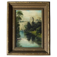 Antico dipinto di paesaggio olio su tavola con castello di W. Pryce, firmato, 1890 ca.