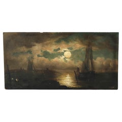 Antique Oil On Board “Moonlight” Seascape Painting, Artist Signed, C1880 Antique Oil On Board “Moonlight” Seascape Painting, Artist Signed, C1880