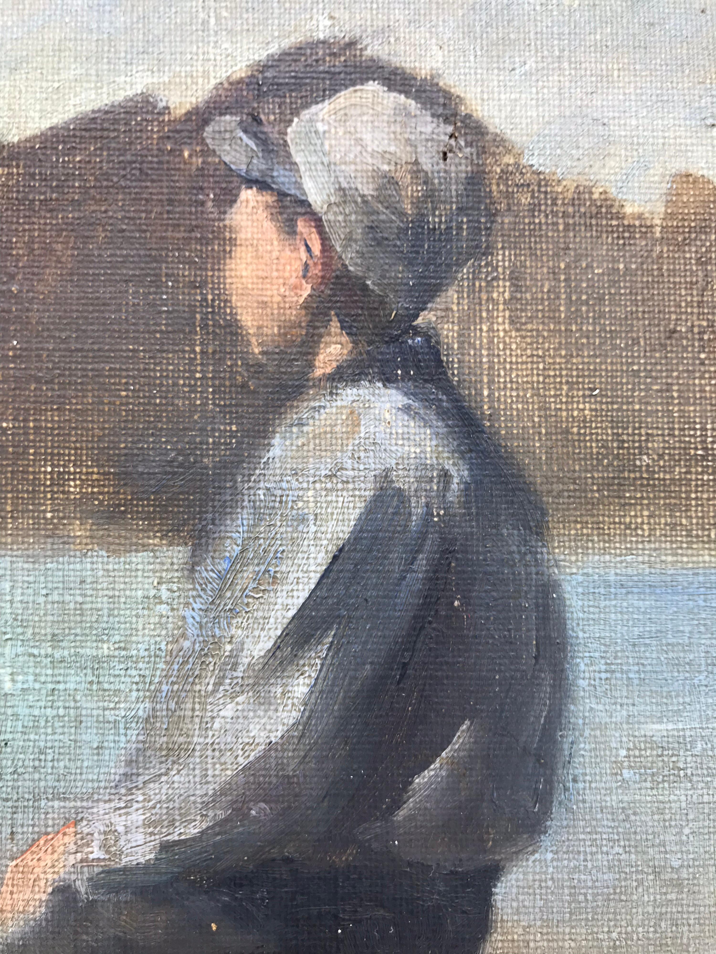 Late Victorian Antique Oil on Board of a Boy on a Tree Stub