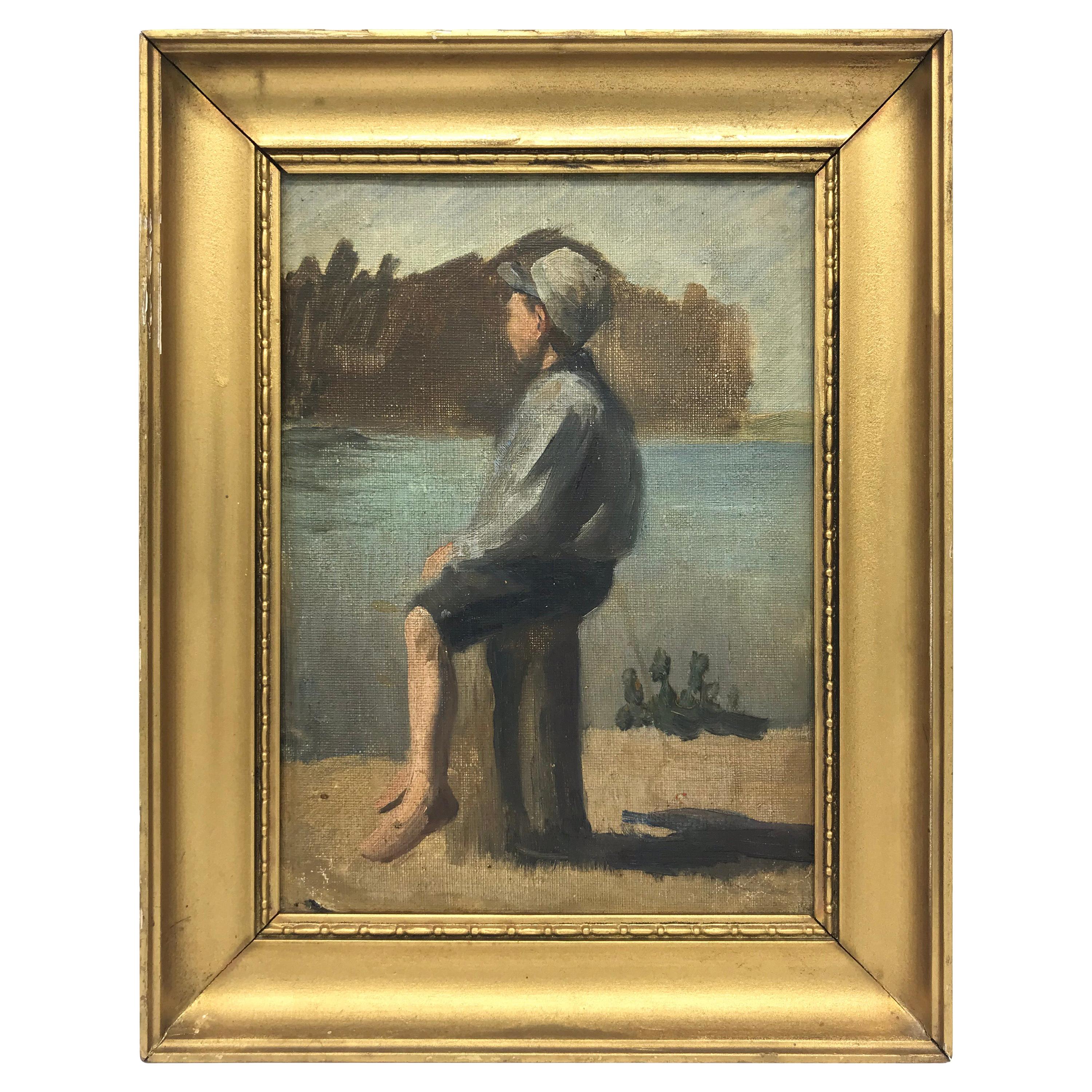 Antique Oil on Board of a Boy on a Tree Stub