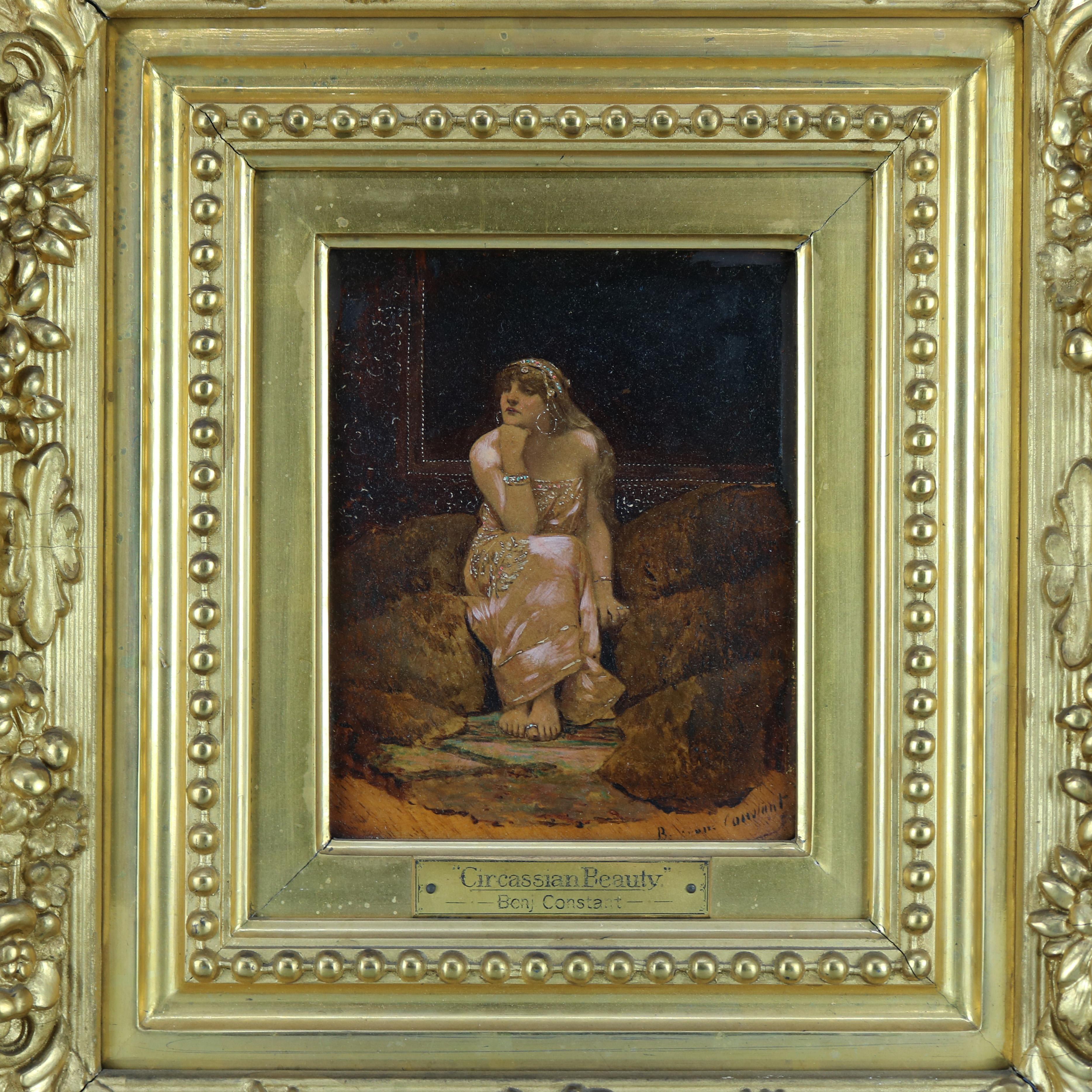 An antique oil on board portrait painting by Benjamin Constant titled 