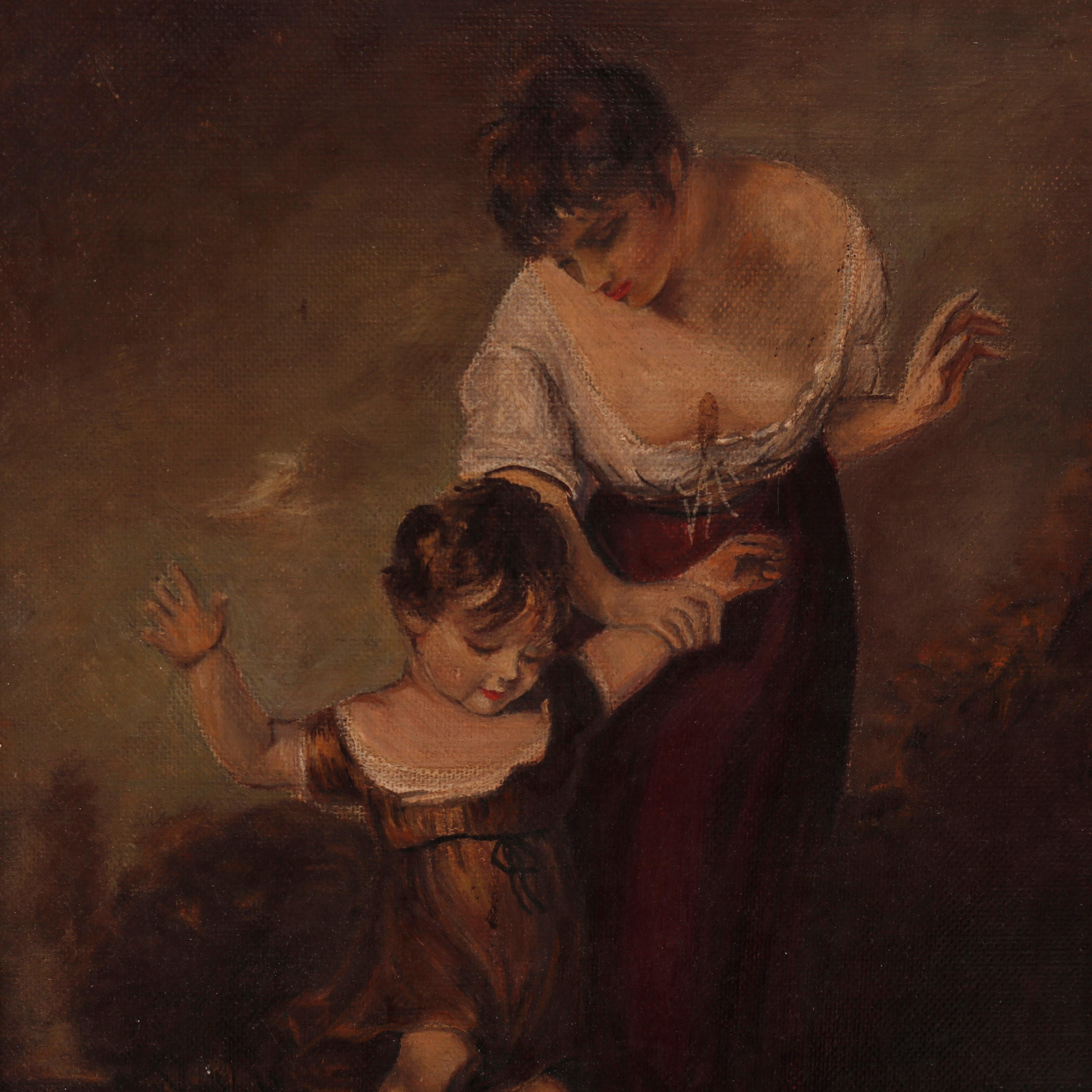 An antique painting offers oil on board genre scene with a mother and child in countryside setting, seated in giltwood frame, c1900

Measures- 15.25''H x 19.25''W x 2.5''D.
