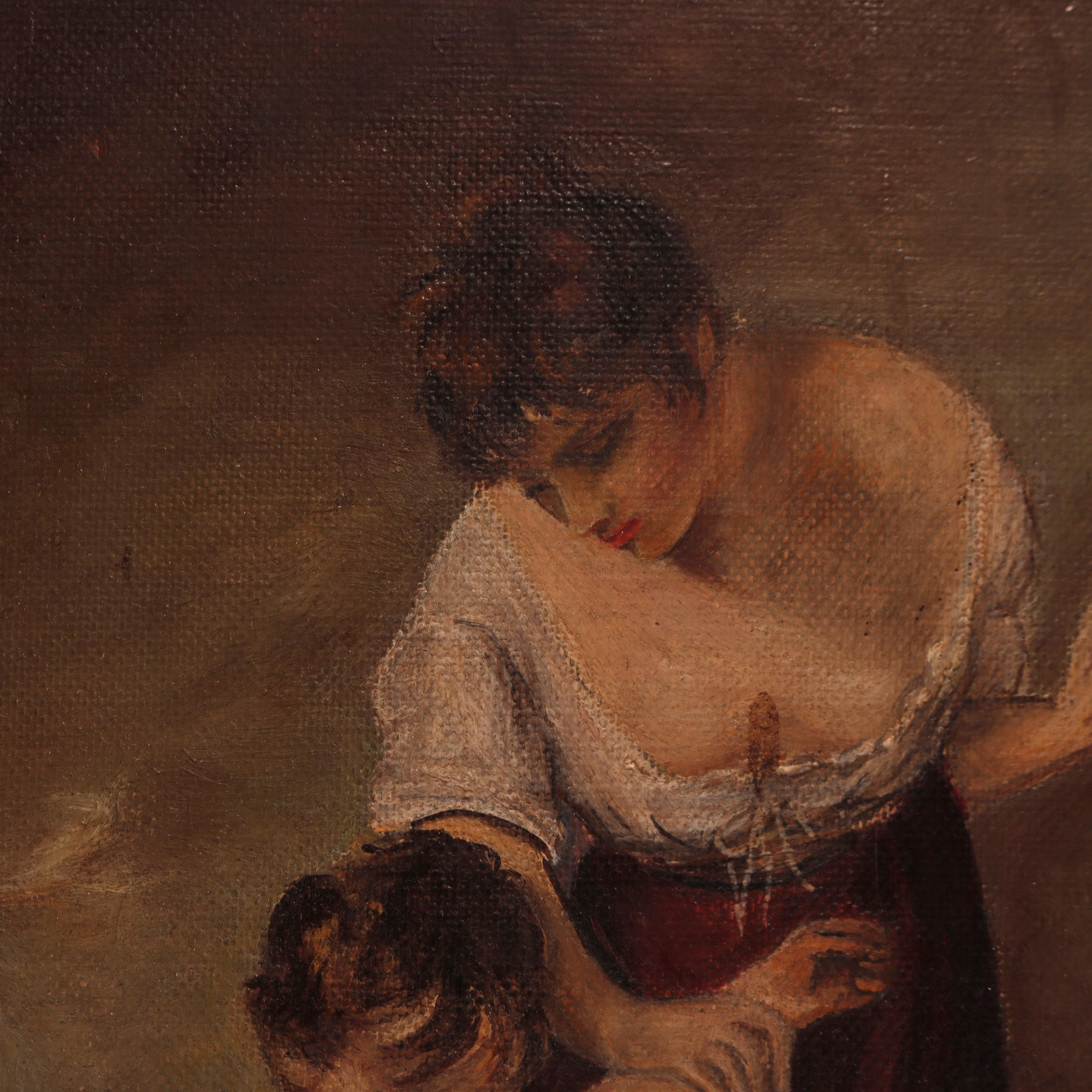 Hand-Painted Antique Oil on Board Painting, Genre Scene of Woman & Child, Circa 1900