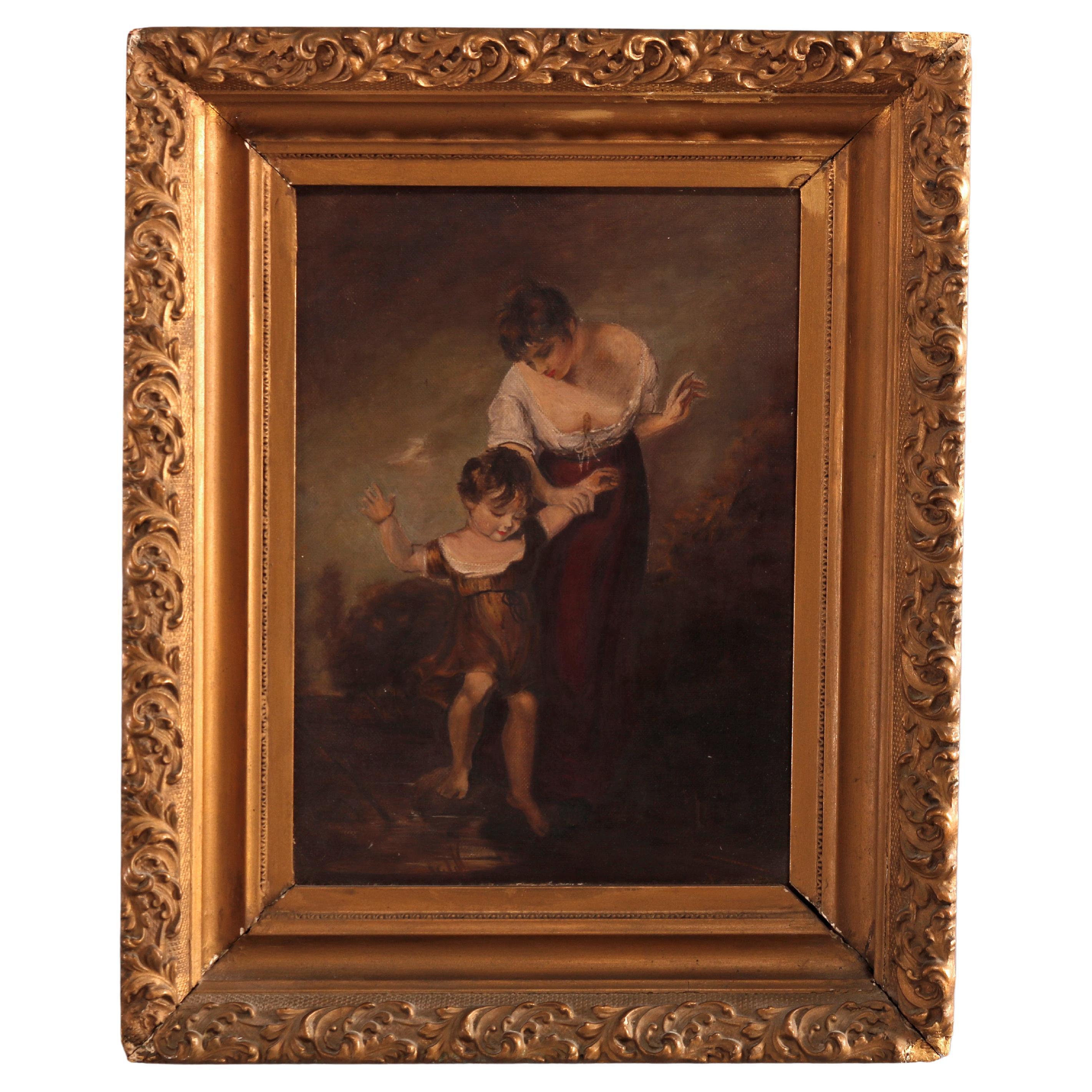 Antique Oil on Board Painting, Genre Scene of Woman & Child, Circa 1900