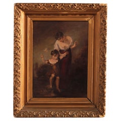 Antique Oil on Board Painting, Genre Scene of Woman & Child, Circa 1900
