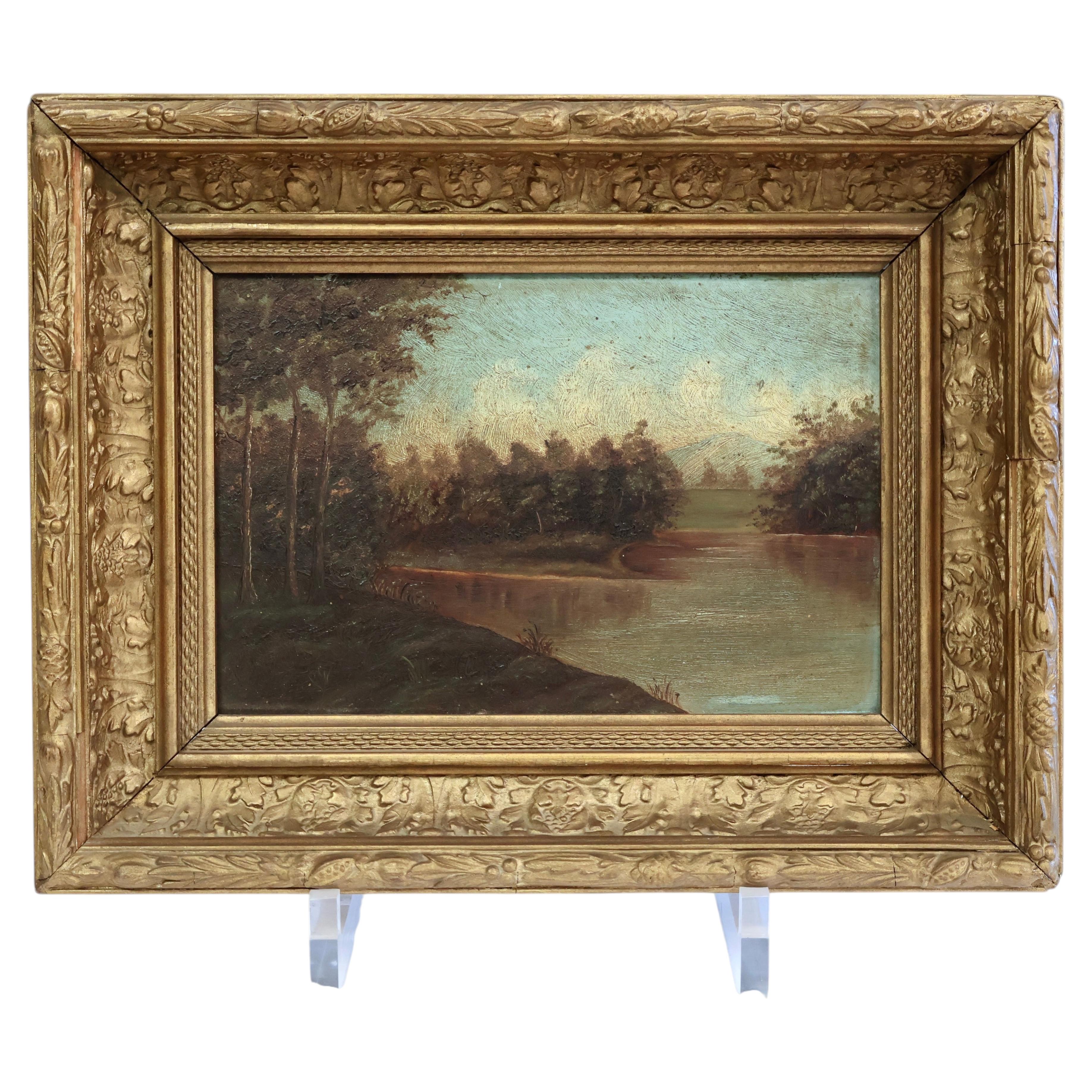 Antique Oil on Board Painting Gilt Framed American Landscape 19th C. 10" x 13"
