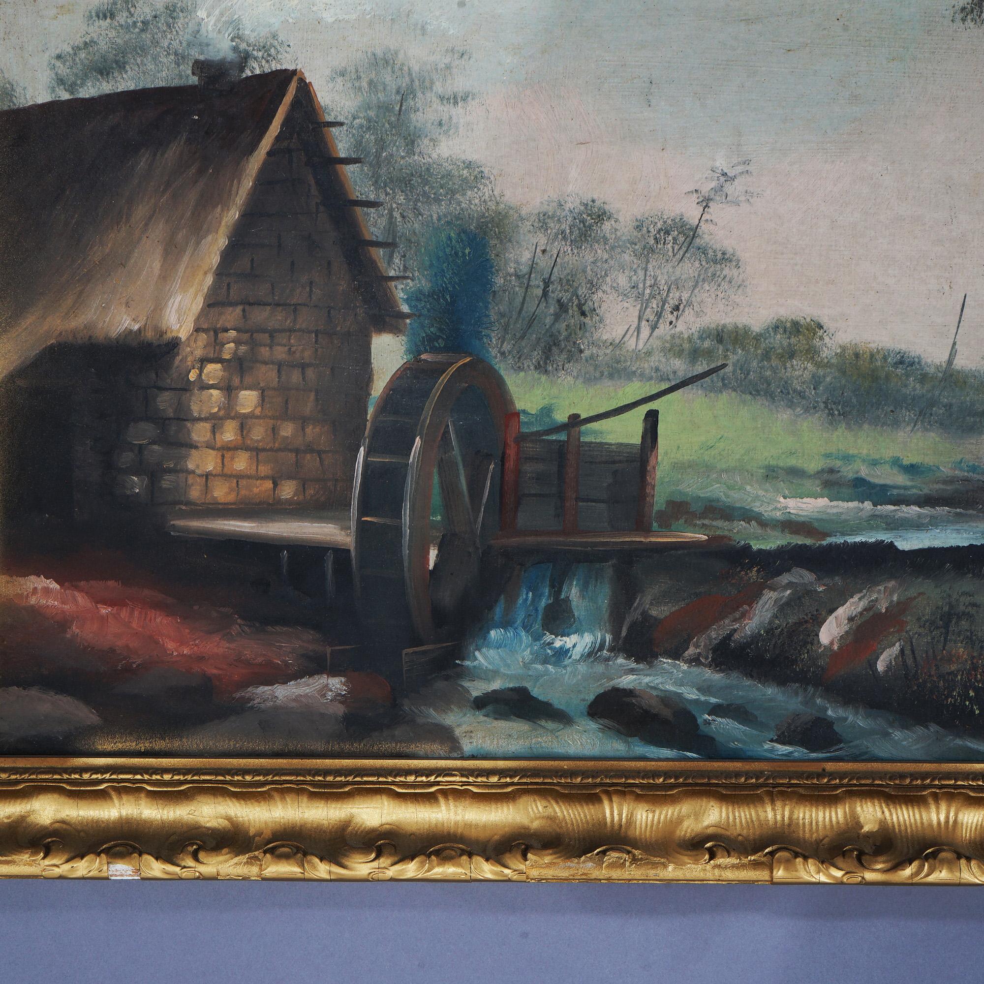 Antique Oil on Board Painting, Landscape with Mill & Water Wheel, Framed, C1900 In Good Condition For Sale In Big Flats, NY