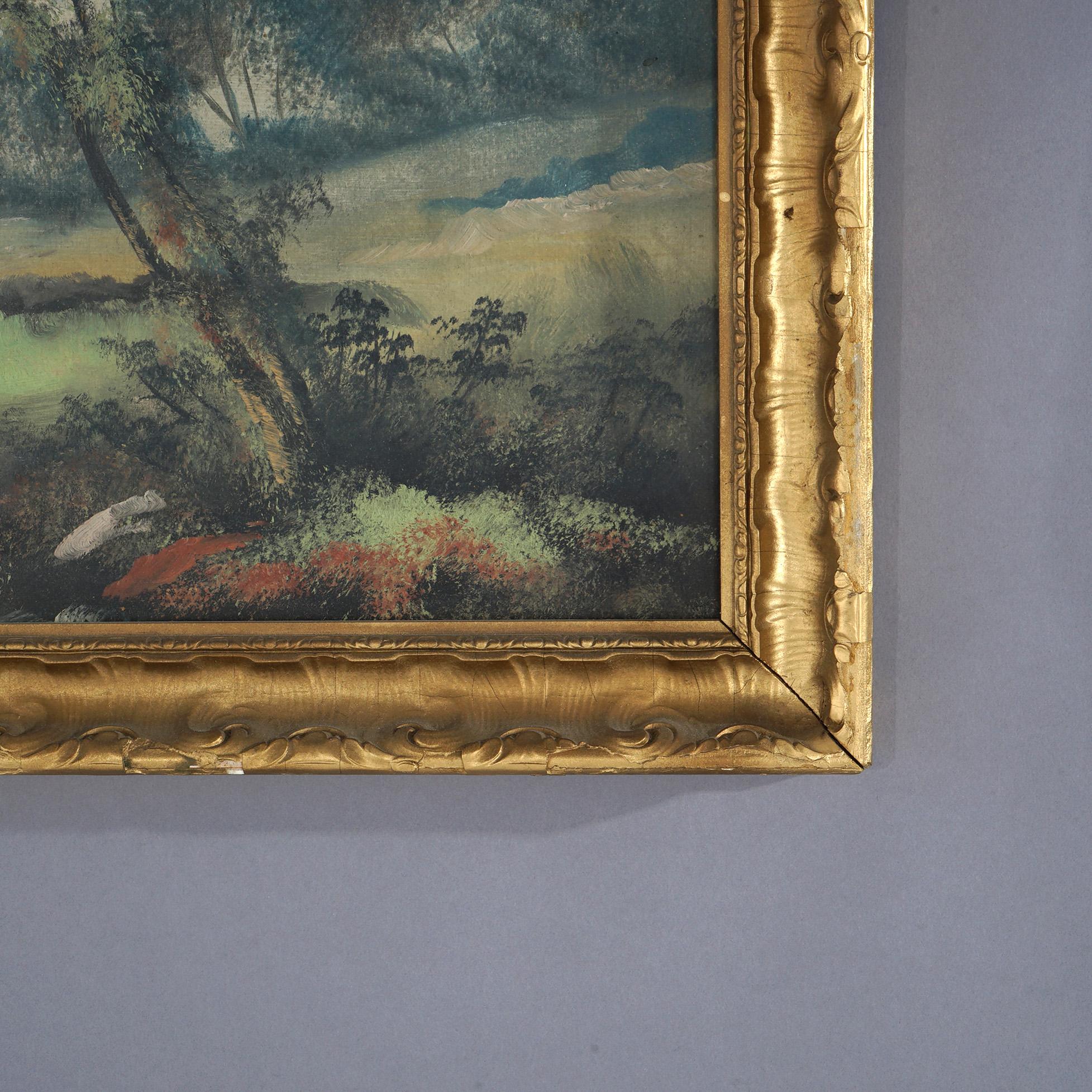 20th Century Antique Oil on Board Painting, Landscape with Mill & Water Wheel, Framed, C1900 For Sale