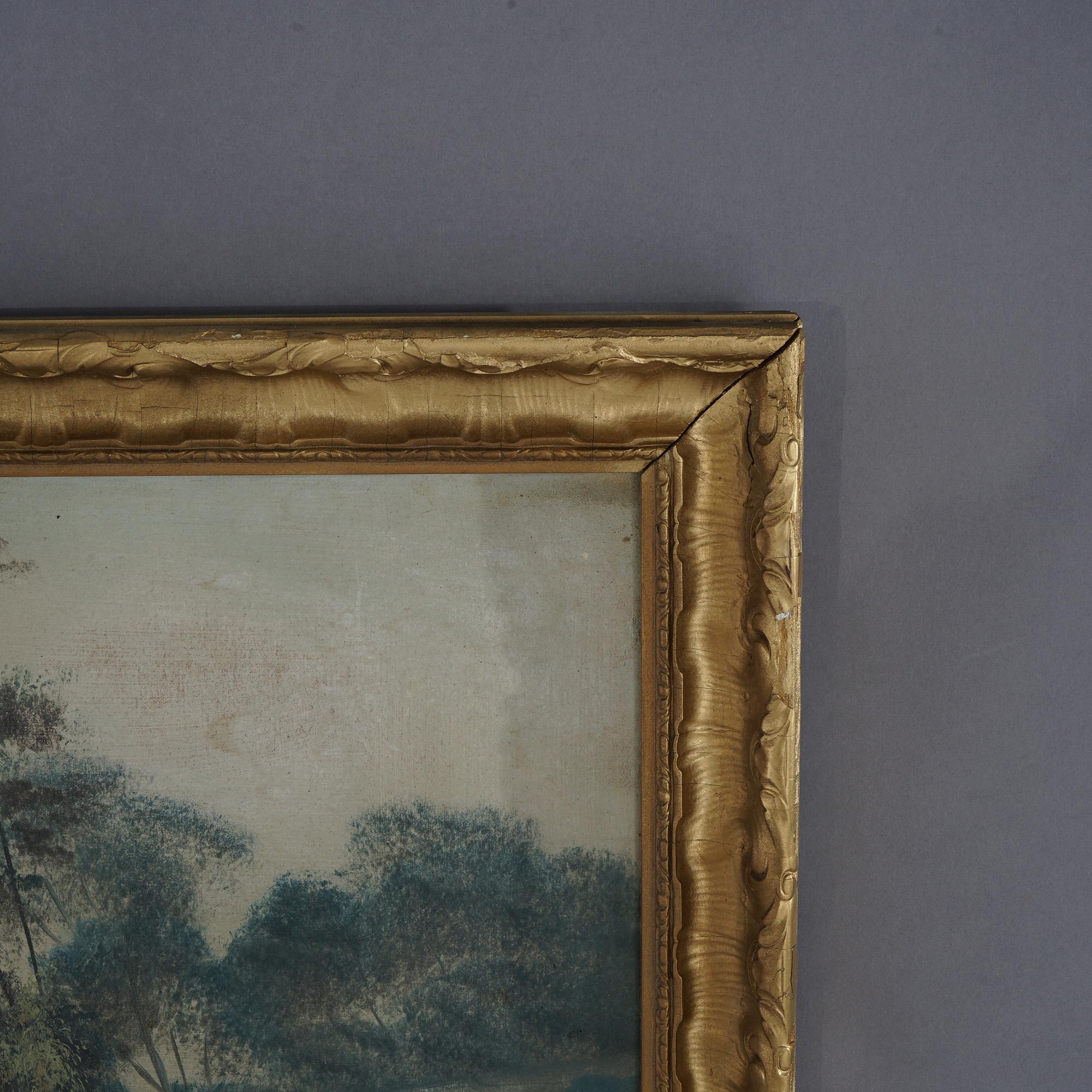 Wood Antique Oil on Board Painting, Landscape with Mill & Water Wheel, Framed, C1900 For Sale