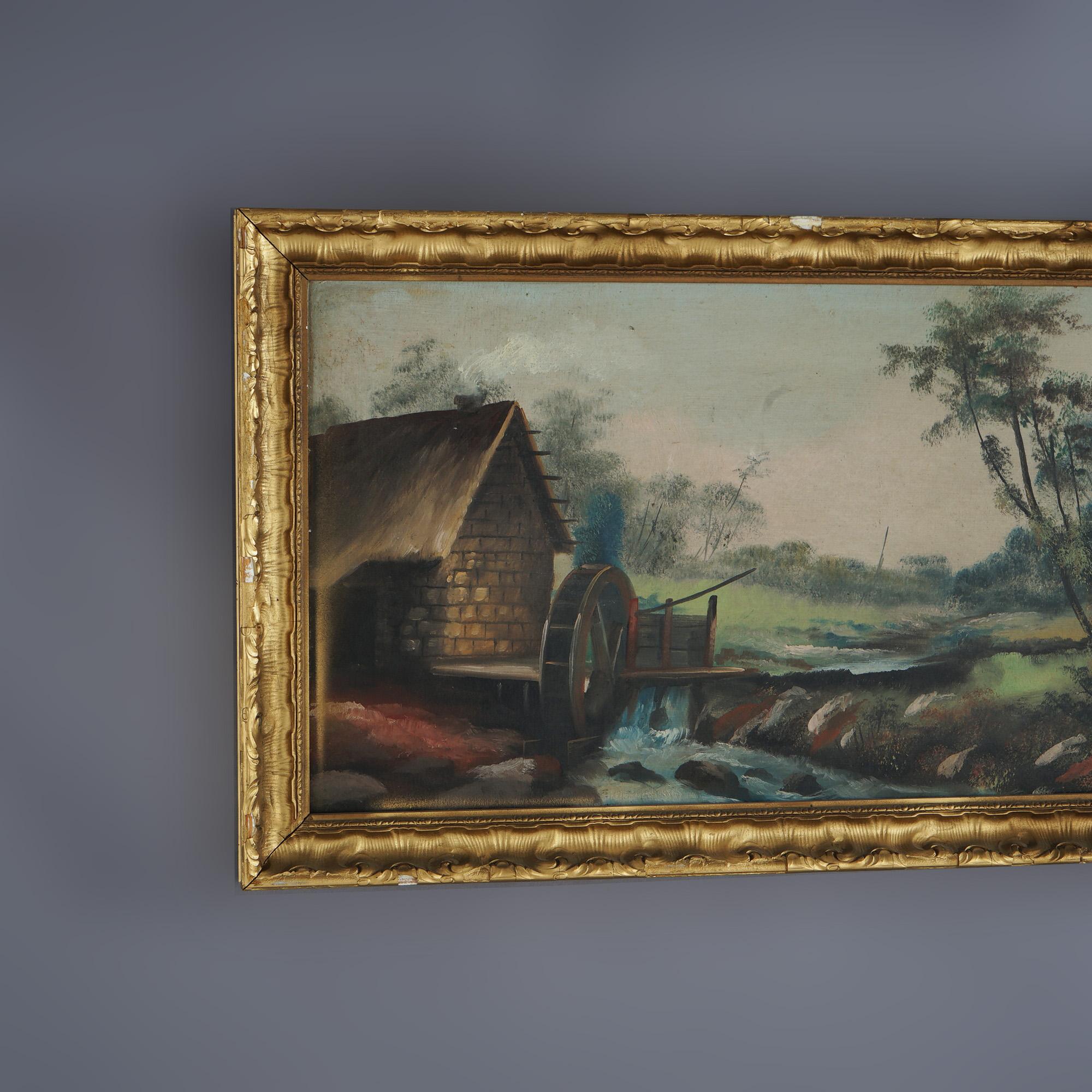 Antique Oil on Board Painting, Landscape with Mill & Water Wheel, Framed, C1900 For Sale 1