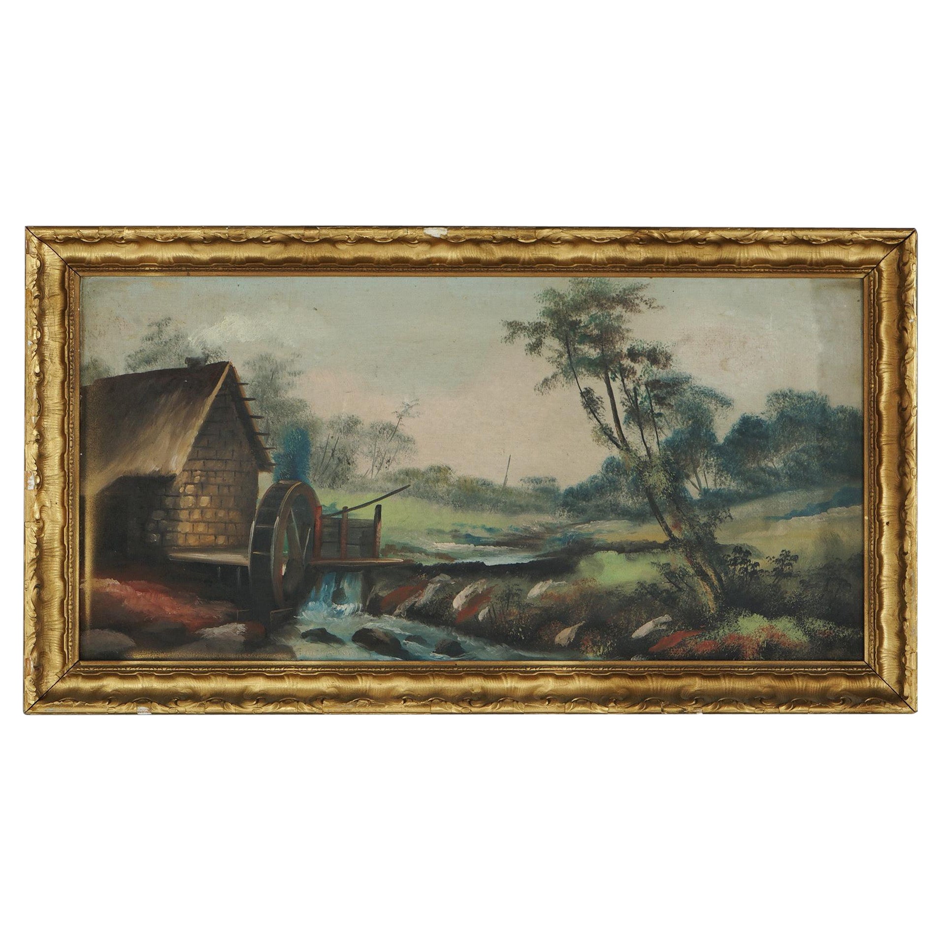 Peinture ancienne à l'huile sur panneau, paysage avec moulin et roue d'eau, encadrée, C1900