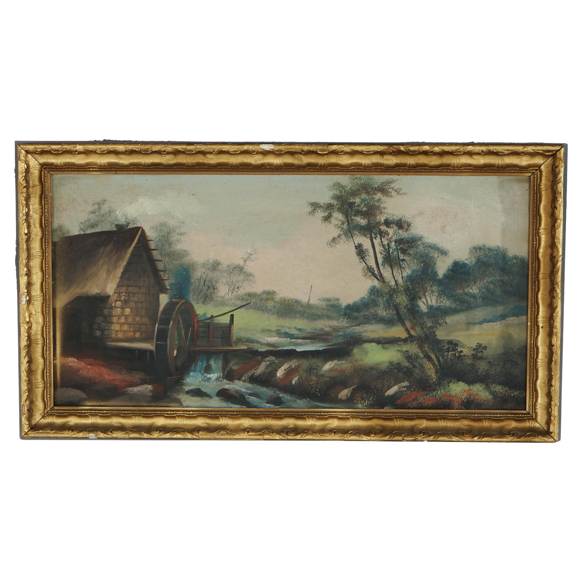 Antique Oil on Board Painting, Landscape with Mill & Water Wheel, Framed, C1900