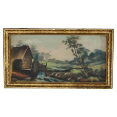 Antico dipinto a olio su tavola, Paesaggio con mulino e ruota ad acqua, incorniciato, C1900