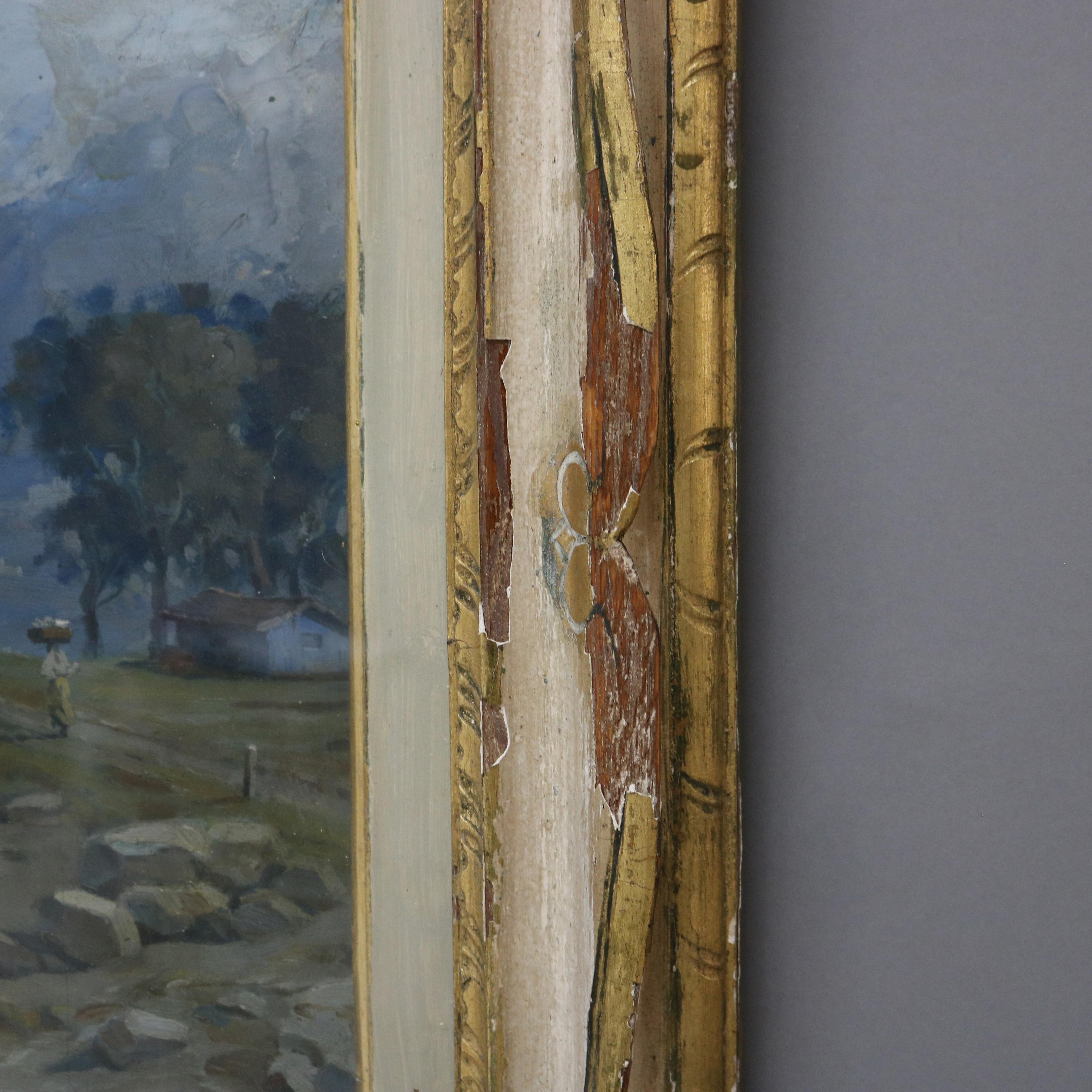 Cuadro antiguo al óleo sobre tabla de un paisaje europeo Firmado y enmarcado C1890 4