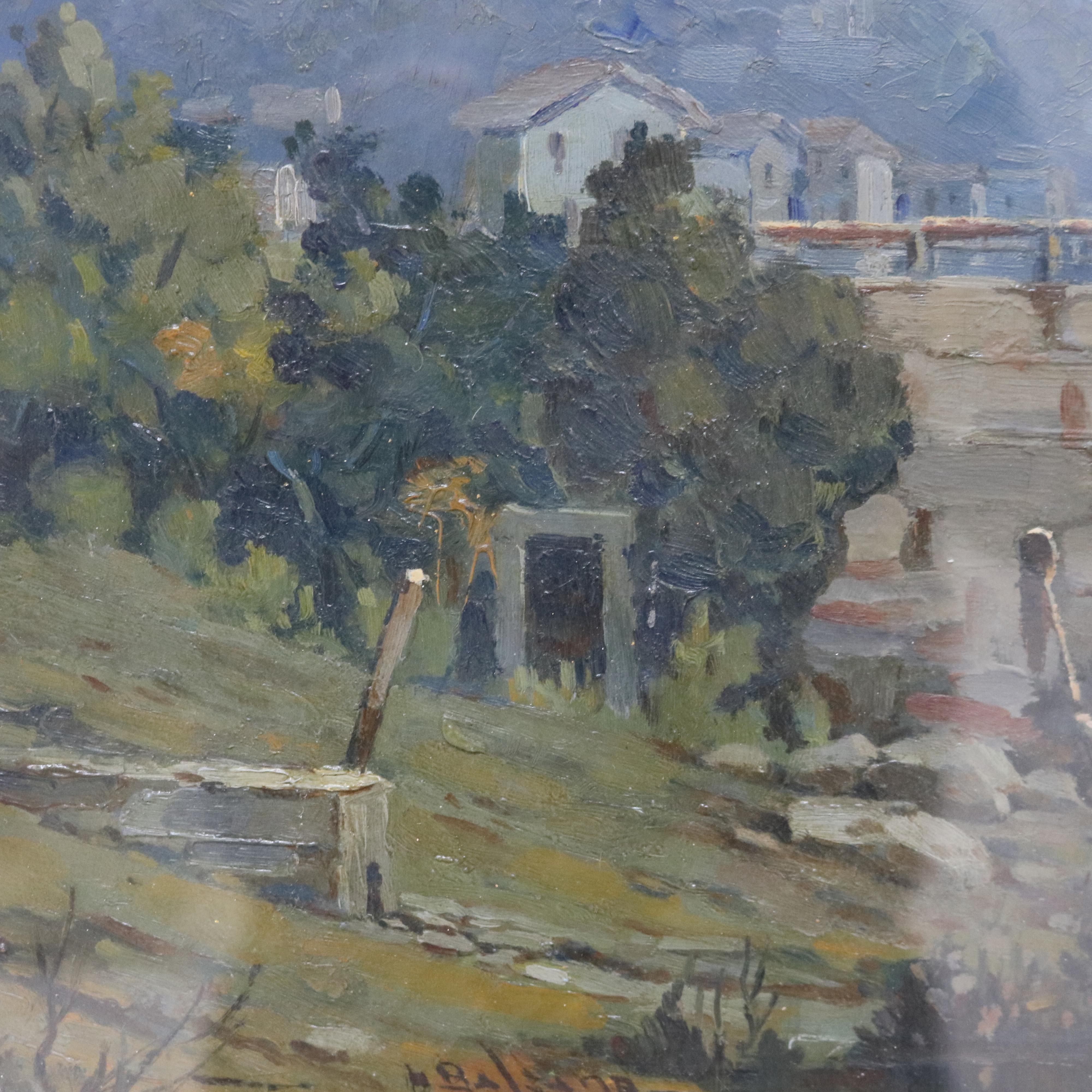 Pintura antigua al óleo sobre tabla de un paisaje europeo con puente y figuras, firmada por el artista y enmarcada C1890

Medidas: 22