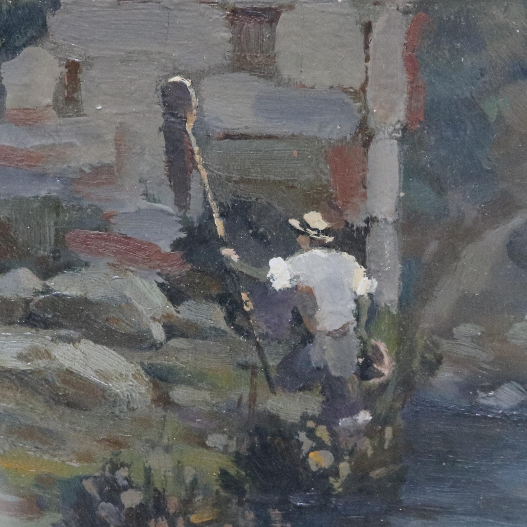 Cuadro antiguo al óleo sobre tabla de un paisaje europeo Firmado y enmarcado C1890 Pintado a mano