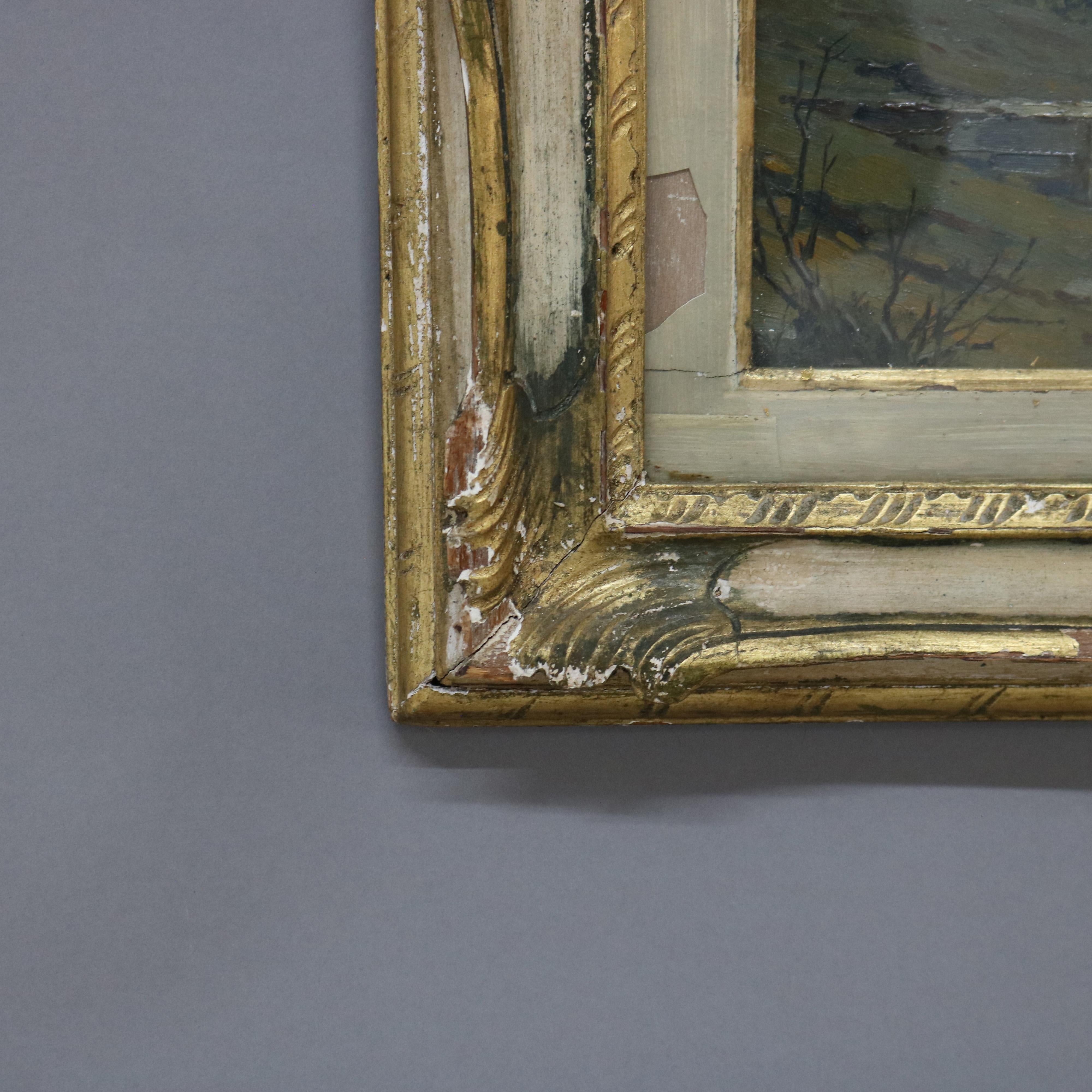 Cuadro antiguo al óleo sobre tabla de un paisaje europeo Firmado y enmarcado C1890 2