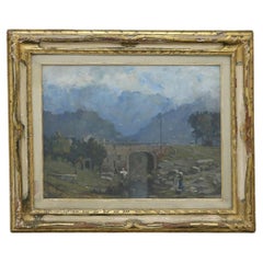 Cuadro antiguo al óleo sobre tabla de un paisaje europeo Firmado y enmarcado C1890