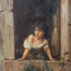 Antique Oil on Board Painting of a Girl in a Window, Signed, C1900