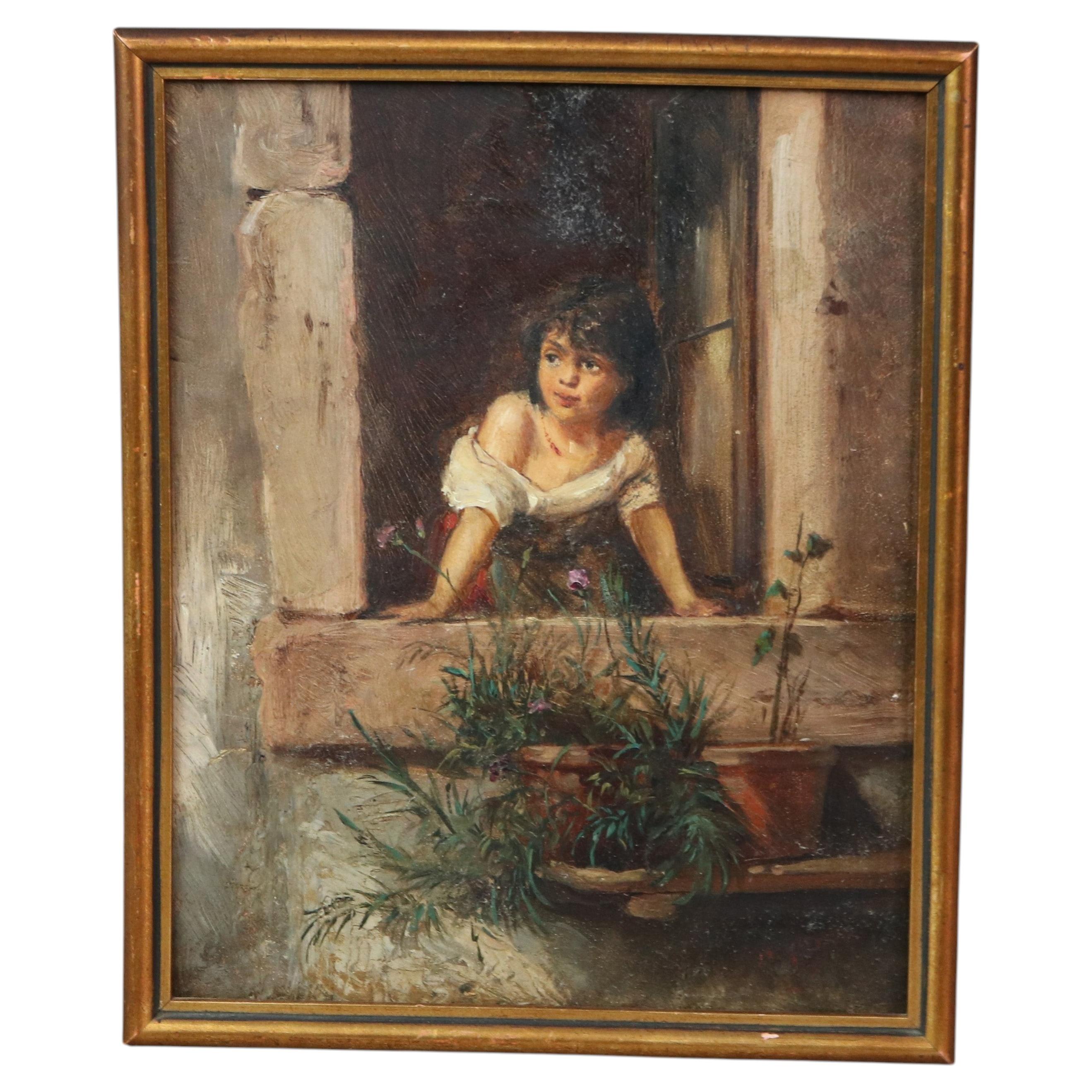 Peinture ancienne à l'huile sur panneau représentant une fille dans une fenêtre, signée, C1900 en vente