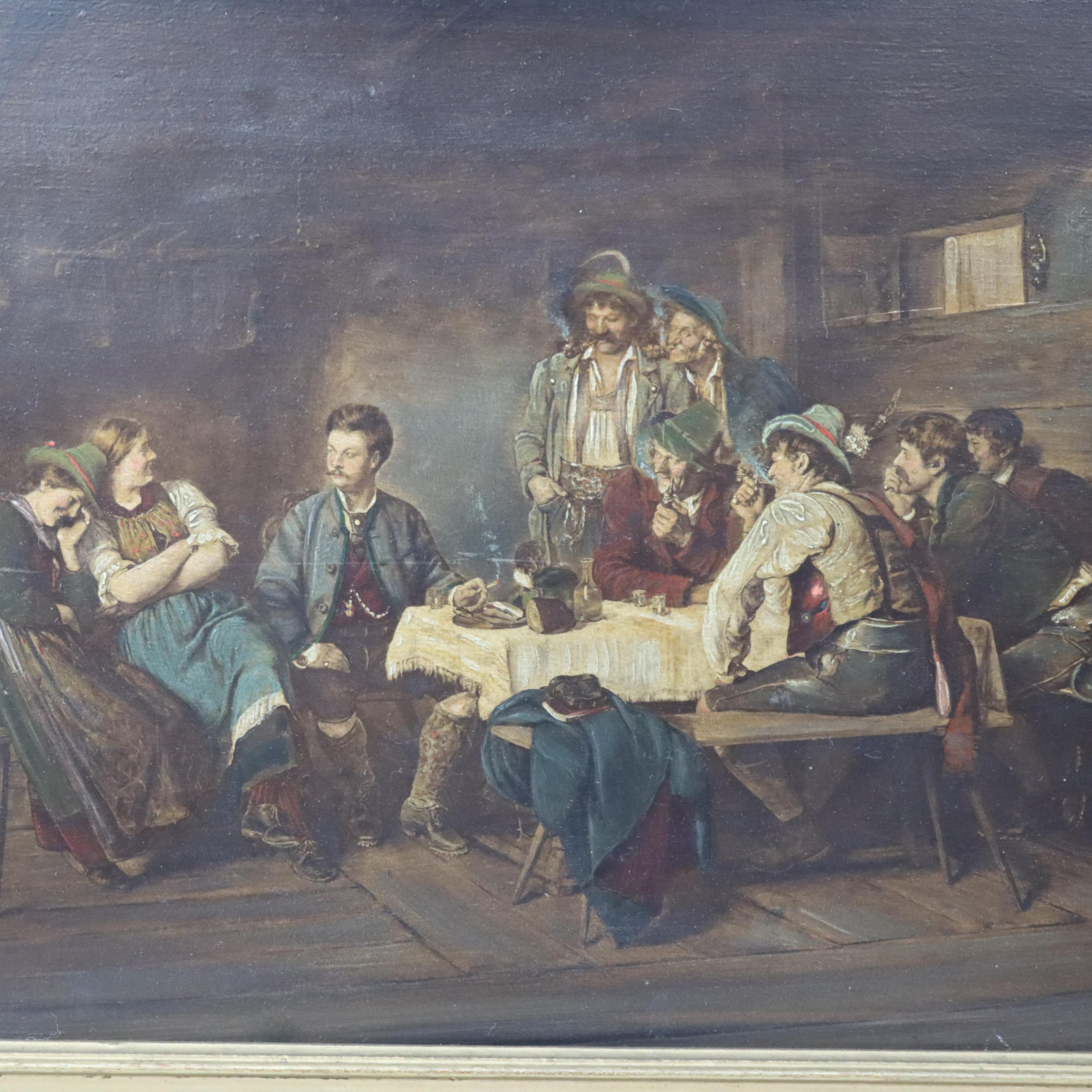 Peinture ancienne à l'huile sur carton représentant une scène de taverne allemande, datant de 1880.    
Dimensions - 9,5 