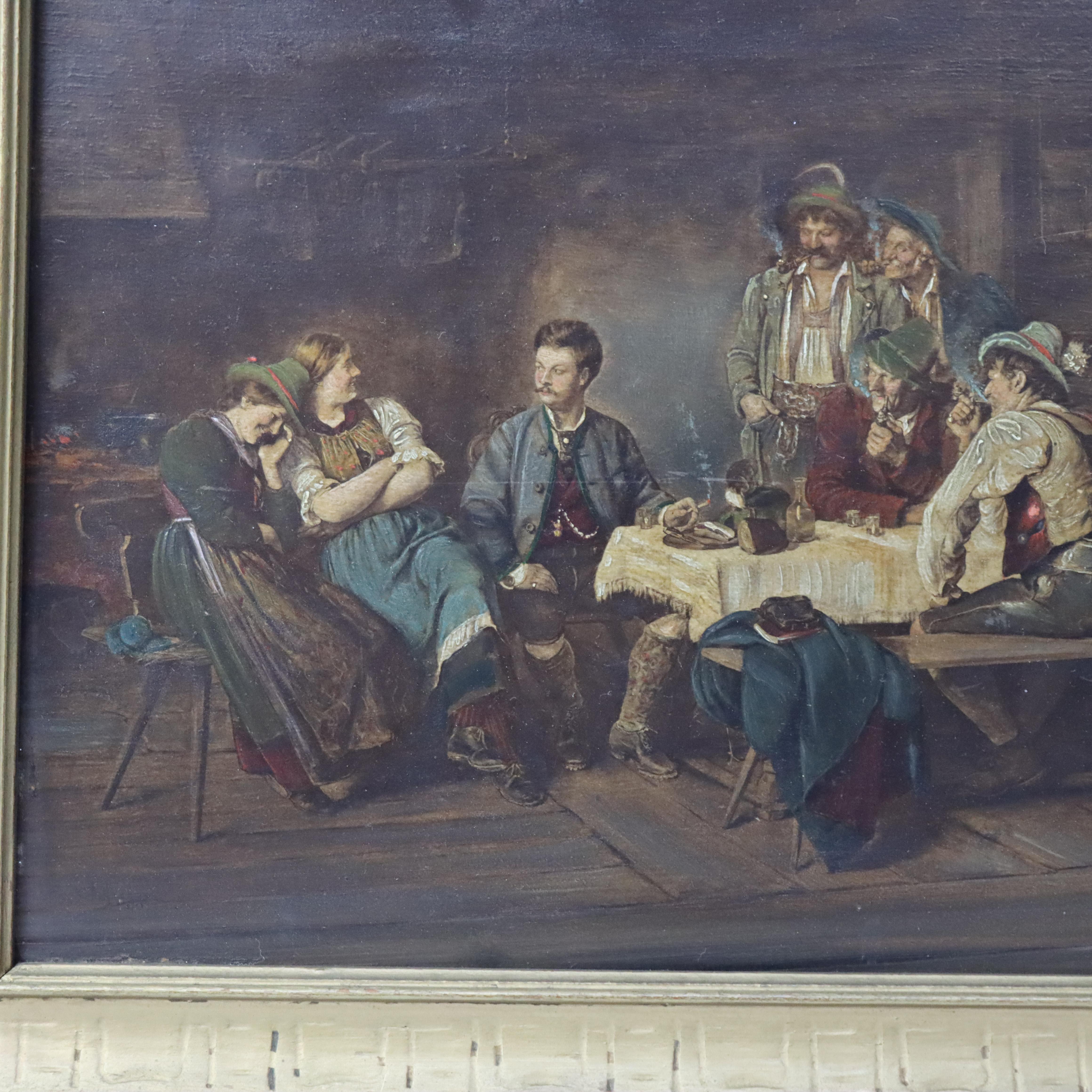 Peinture ancienne à l'huile sur carton d'une scène de taverne allemande C1880 Bon état - En vente à Big Flats, NY