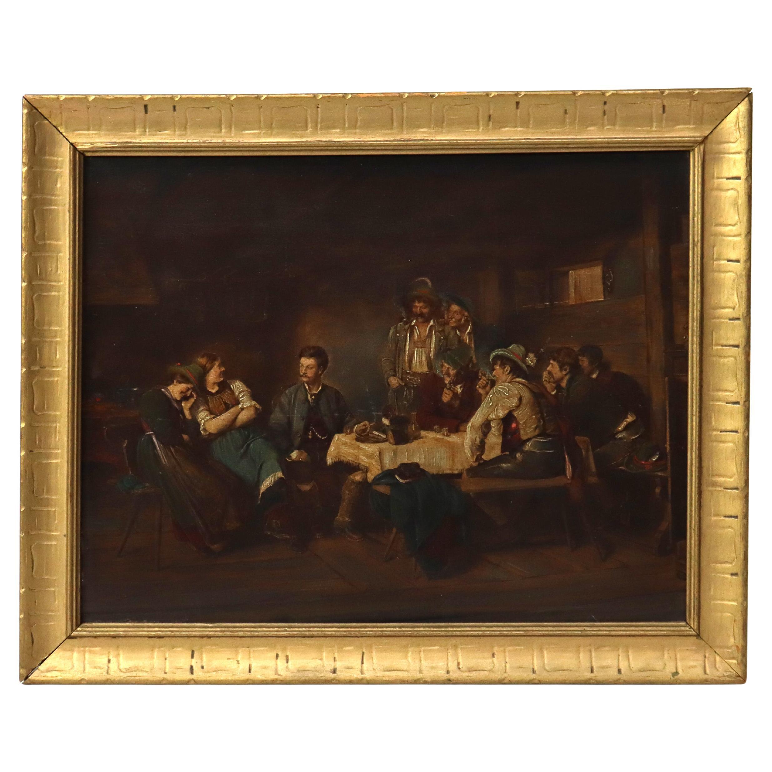 Peinture ancienne à l'huile sur carton d'une scène de taverne allemande C1880