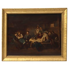 Peinture ancienne à l'huile sur carton d'une scène de taverne allemande C1880